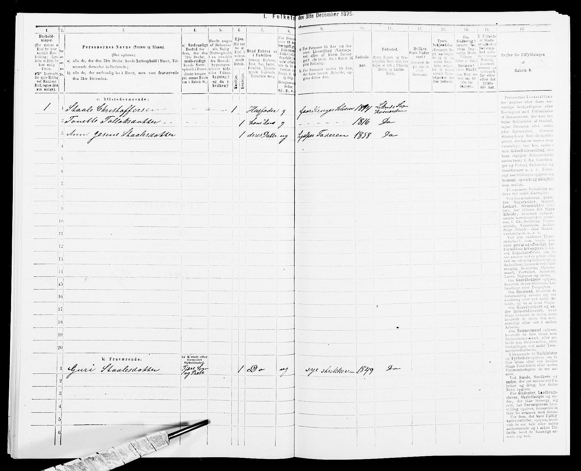 SAK, 1875 census for 1037P Kvinesdal, 1875, p. 1073