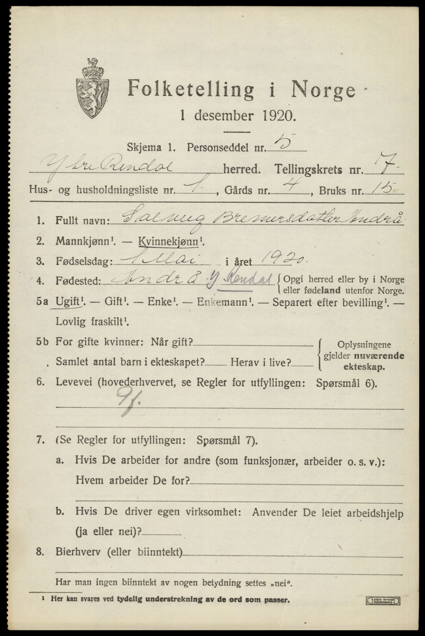 SAH, 1920 census for Ytre Rendal, 1920, p. 3653