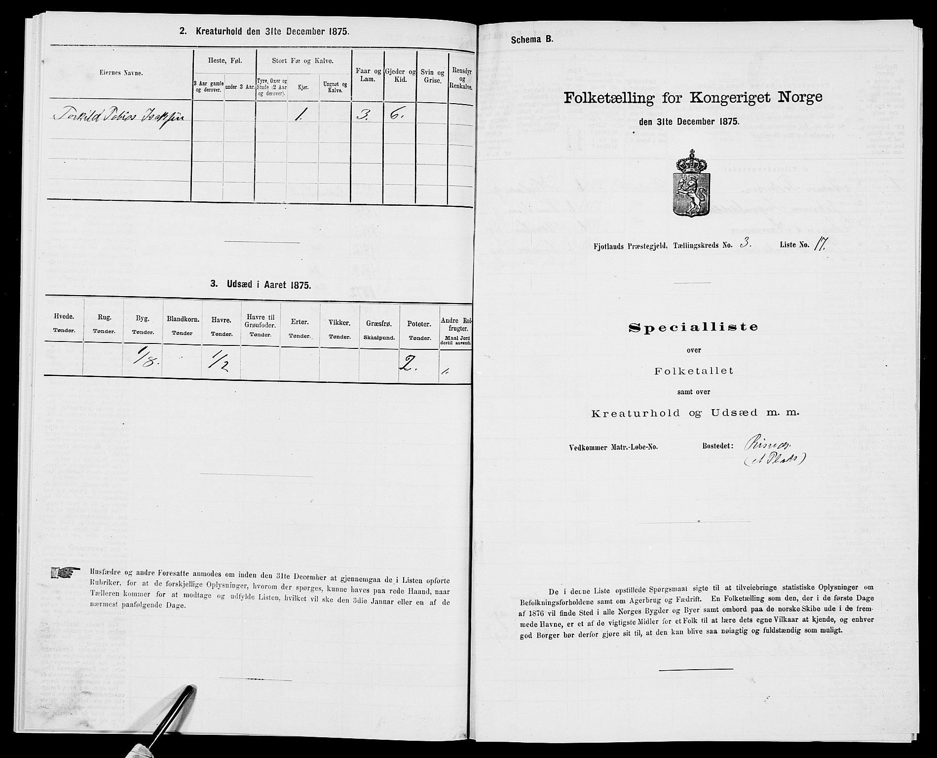 SAK, 1875 census for 1036P Fjotland, 1875, p. 193