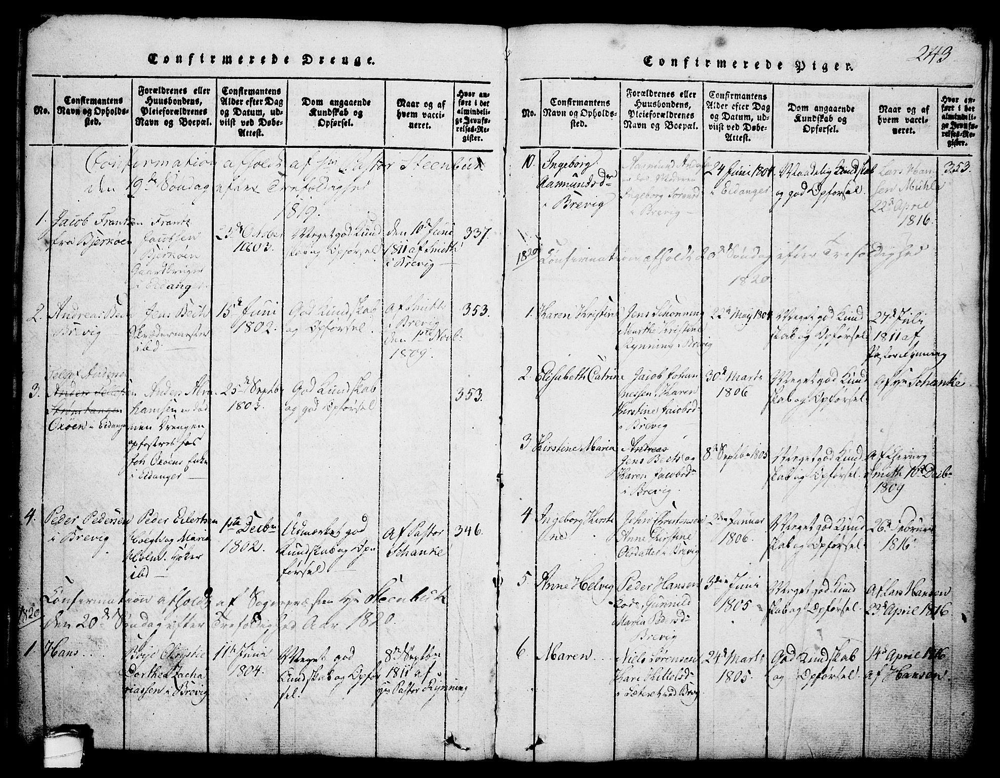 Brevik kirkebøker, SAKO/A-255/G/Ga/L0001: Parish register (copy) no. 1, 1814-1845, p. 243