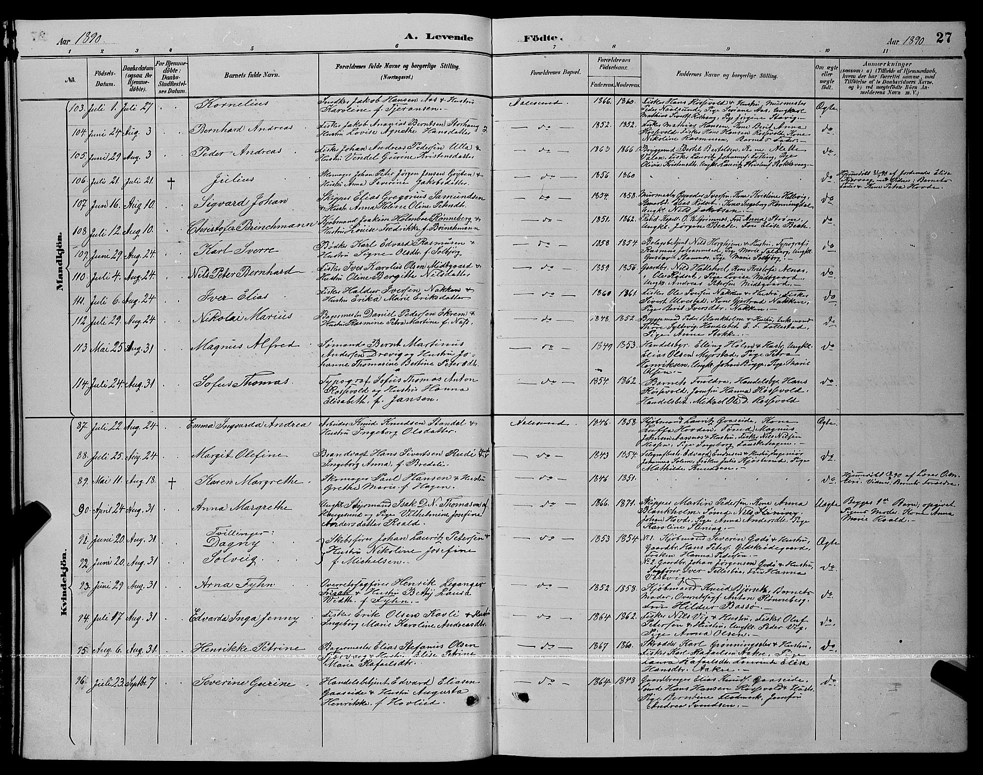 Ministerialprotokoller, klokkerbøker og fødselsregistre - Møre og Romsdal, AV/SAT-A-1454/529/L0467: Parish register (copy) no. 529C04, 1889-1897, p. 27