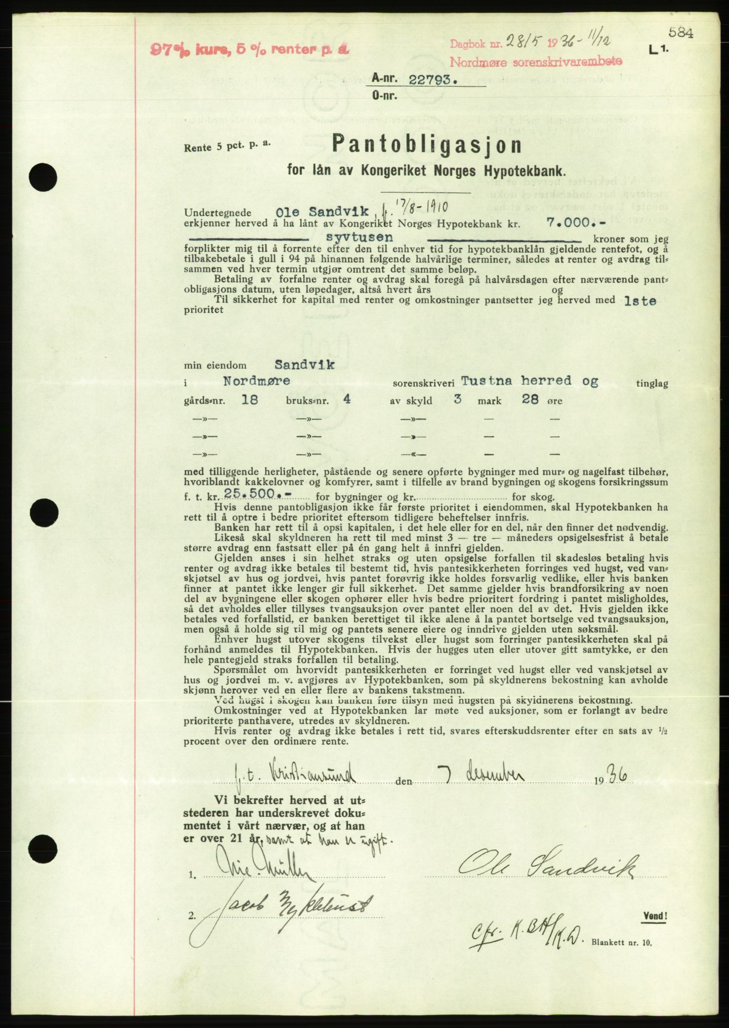 Nordmøre sorenskriveri, AV/SAT-A-4132/1/2/2Ca/L0090: Mortgage book no. B80, 1936-1937, Diary no: : 2815/1936