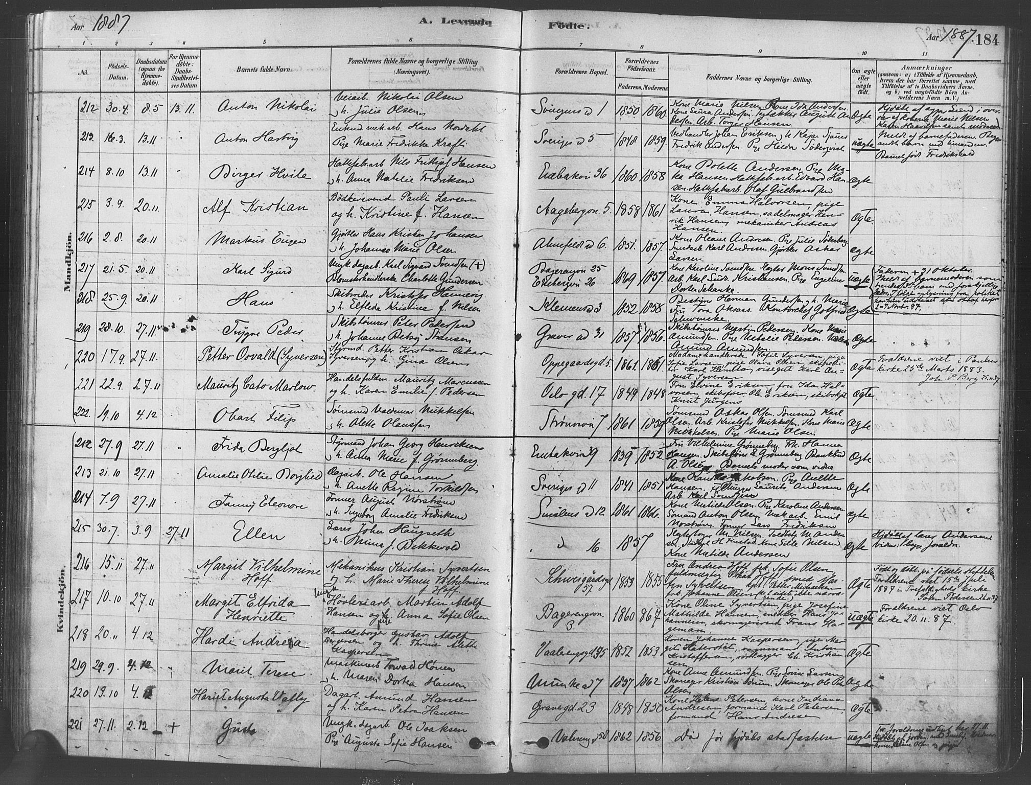 Gamlebyen prestekontor Kirkebøker, SAO/A-10884/F/Fa/L0005: Parish register (official) no. 5, 1878-1889, p. 184