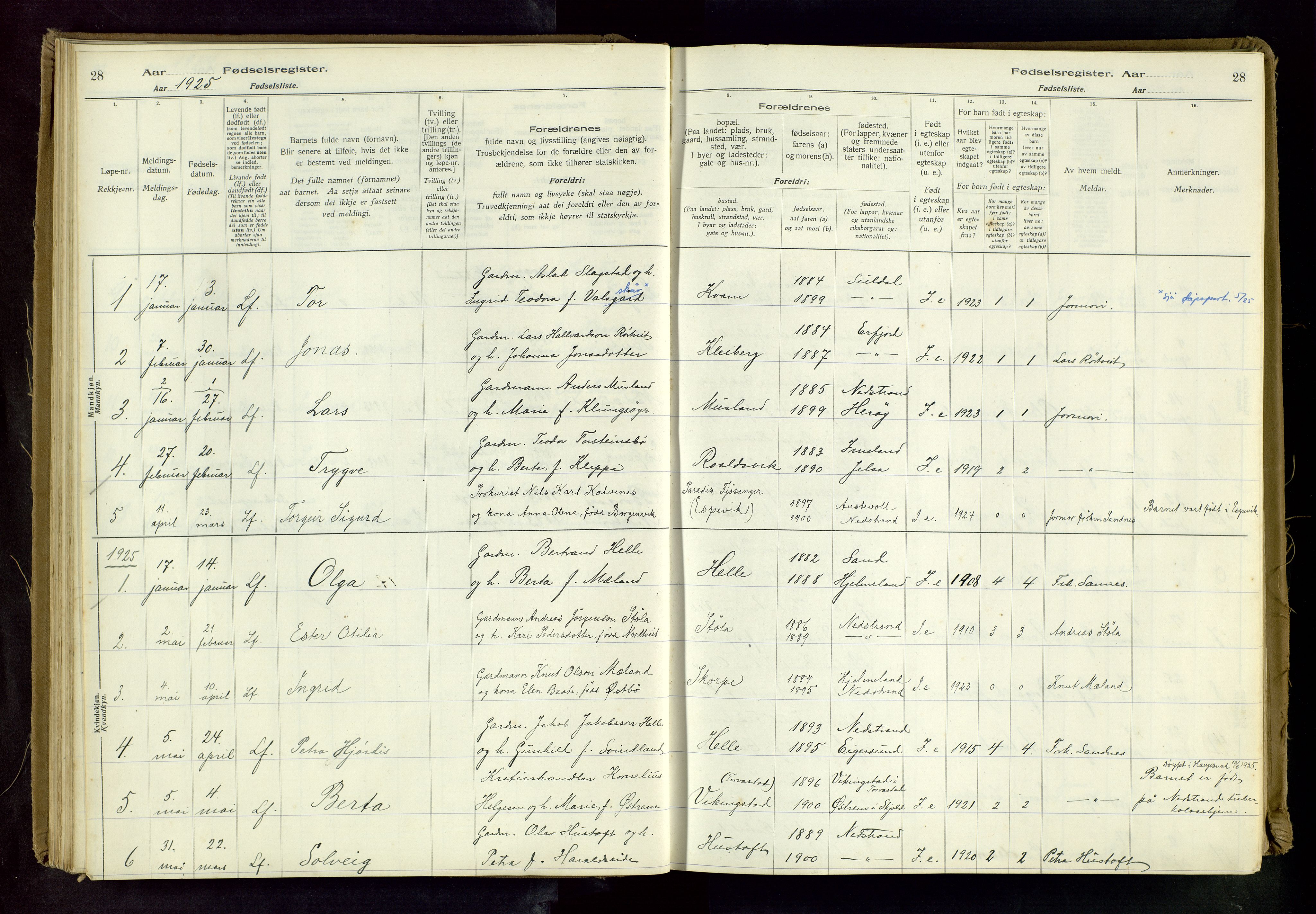 Nedstrand sokneprestkontor, AV/SAST-A-101841/03/C/L0001: Birth register no. 1, 1916-1981, p. 28