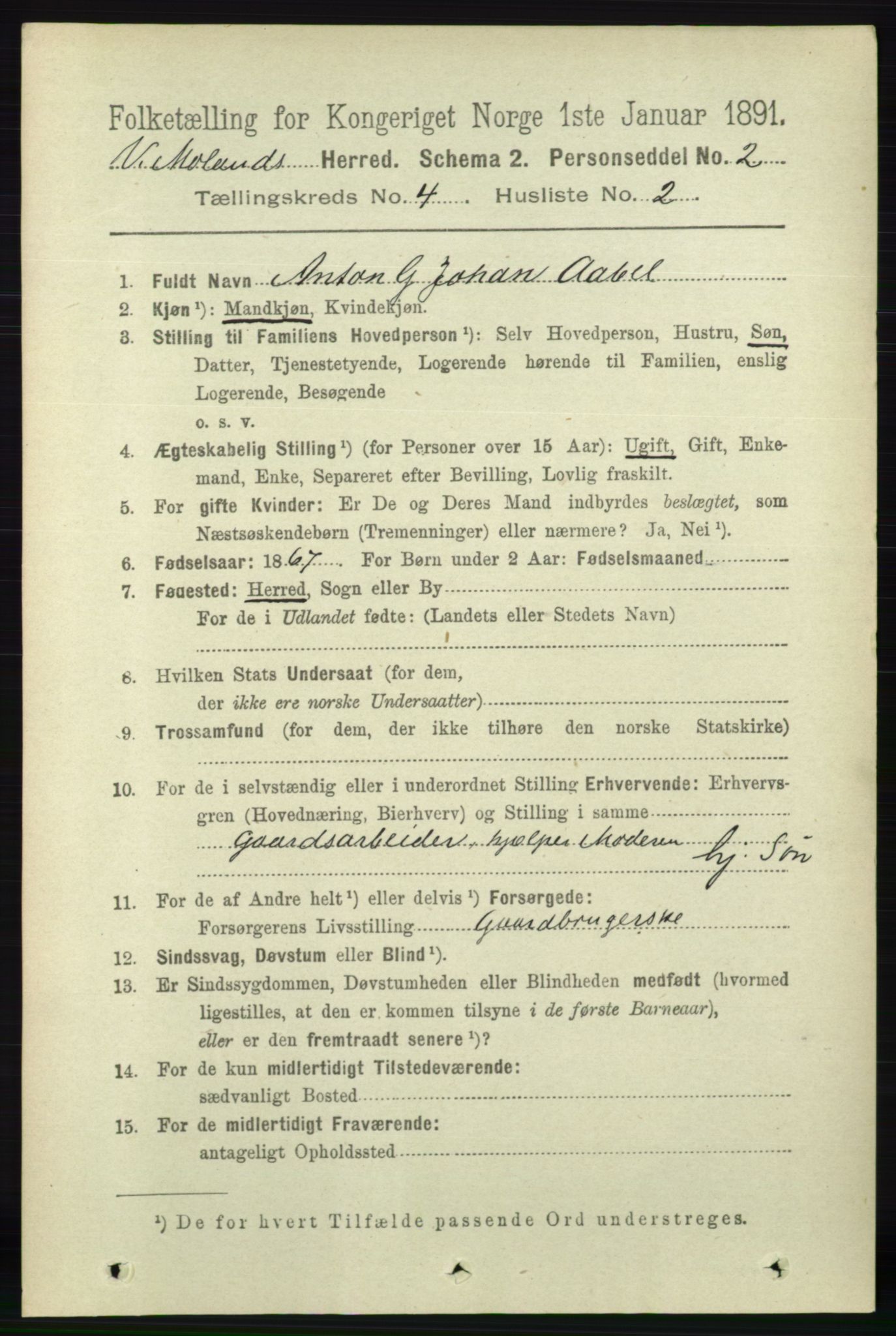 RA, 1891 census for 0926 Vestre Moland, 1891, p. 1234