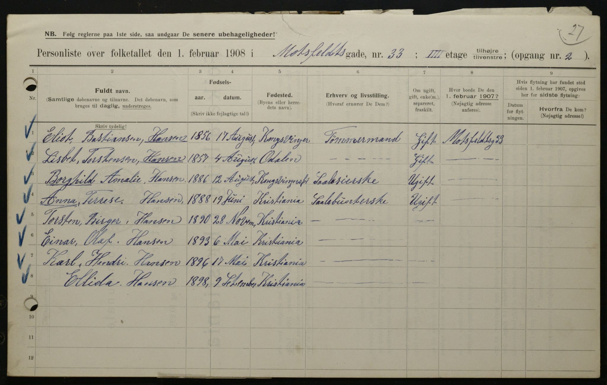 OBA, Municipal Census 1908 for Kristiania, 1908, p. 59694