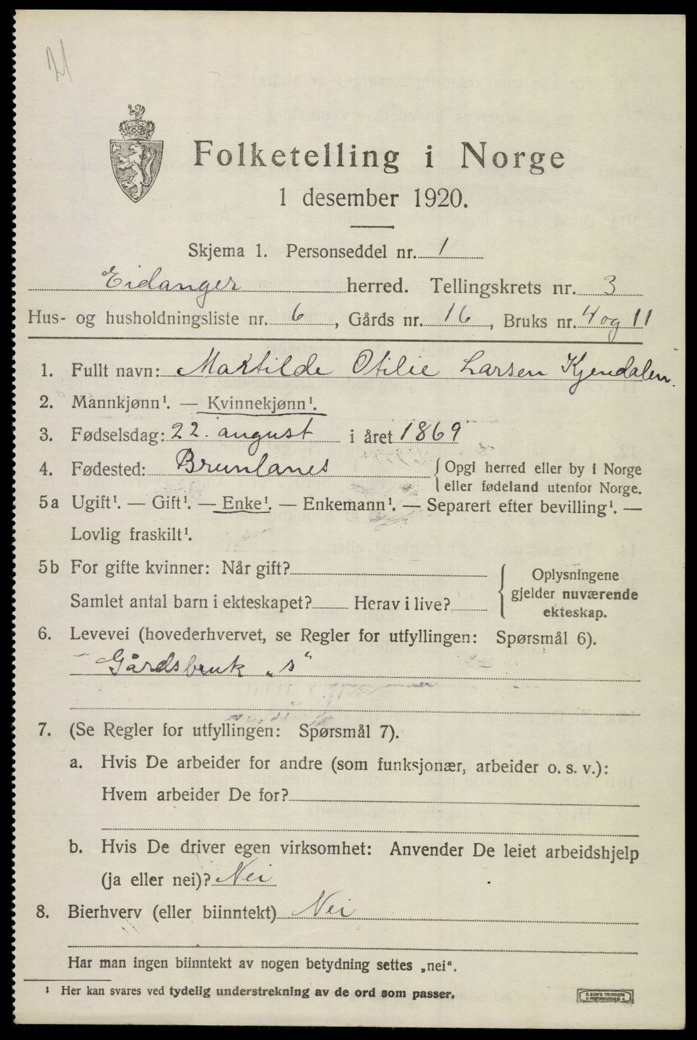 SAKO, 1920 census for Eidanger, 1920, p. 3400