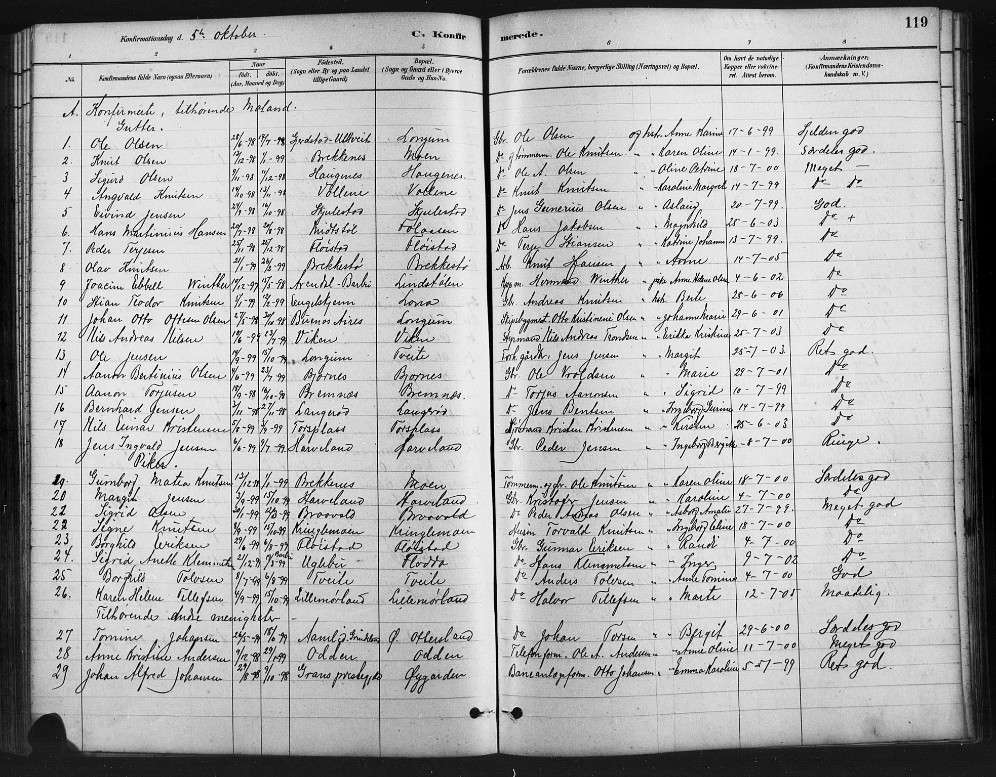 Austre Moland sokneprestkontor, SAK/1111-0001/F/Fb/Fba/L0003: Parish register (copy) no. B 3, 1879-1914, p. 119
