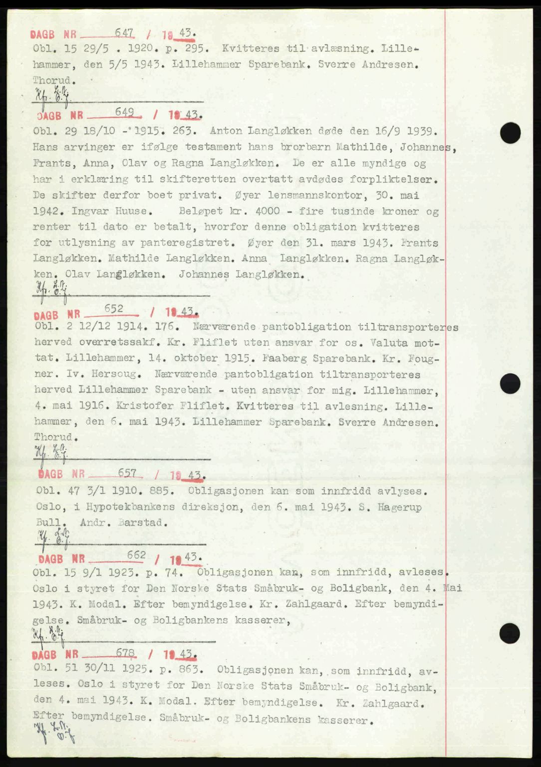 Sør-Gudbrandsdal tingrett, SAH/TING-004/H/Hb/Hbf/L0002: Mortgage book no. C1, 1938-1951, Diary no: : 647/1943