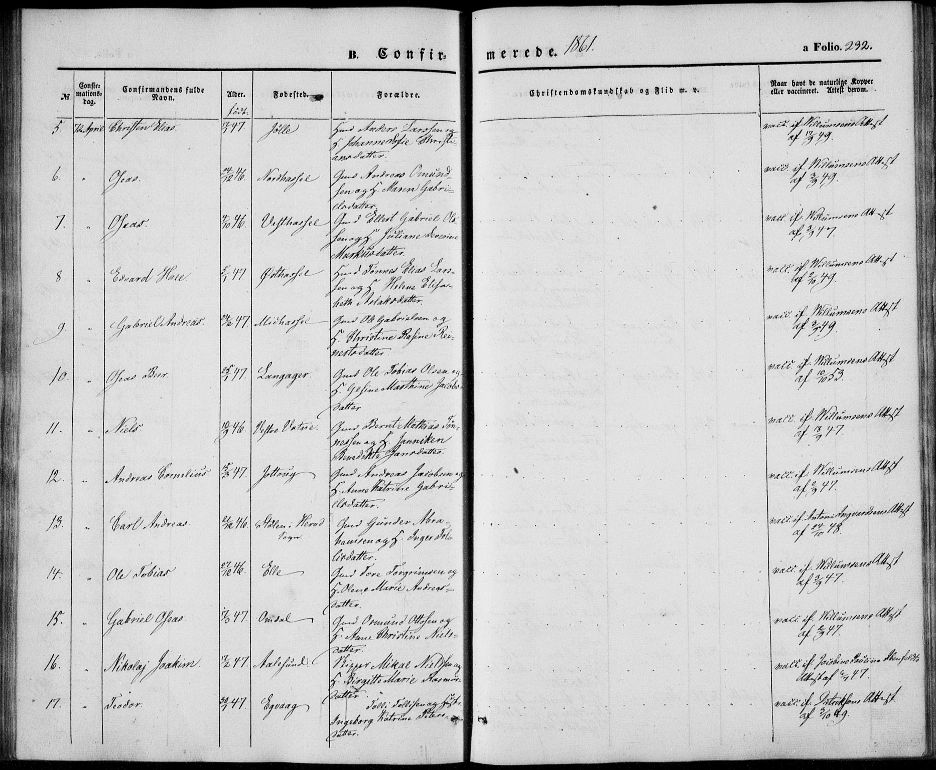 Lista sokneprestkontor, AV/SAK-1111-0027/F/Fb/L0002: Parish register (copy) no. B 2, 1847-1862, p. 232