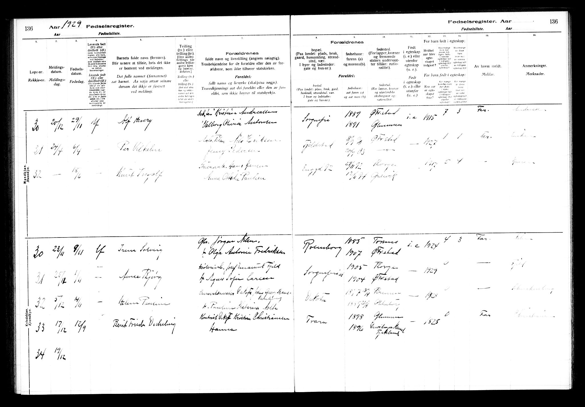 Østre Fredrikstad prestekontor Kirkebøker, SAO/A-10907/J/Ja/L0001: Birth register no. 1, 1916-1936, p. 136