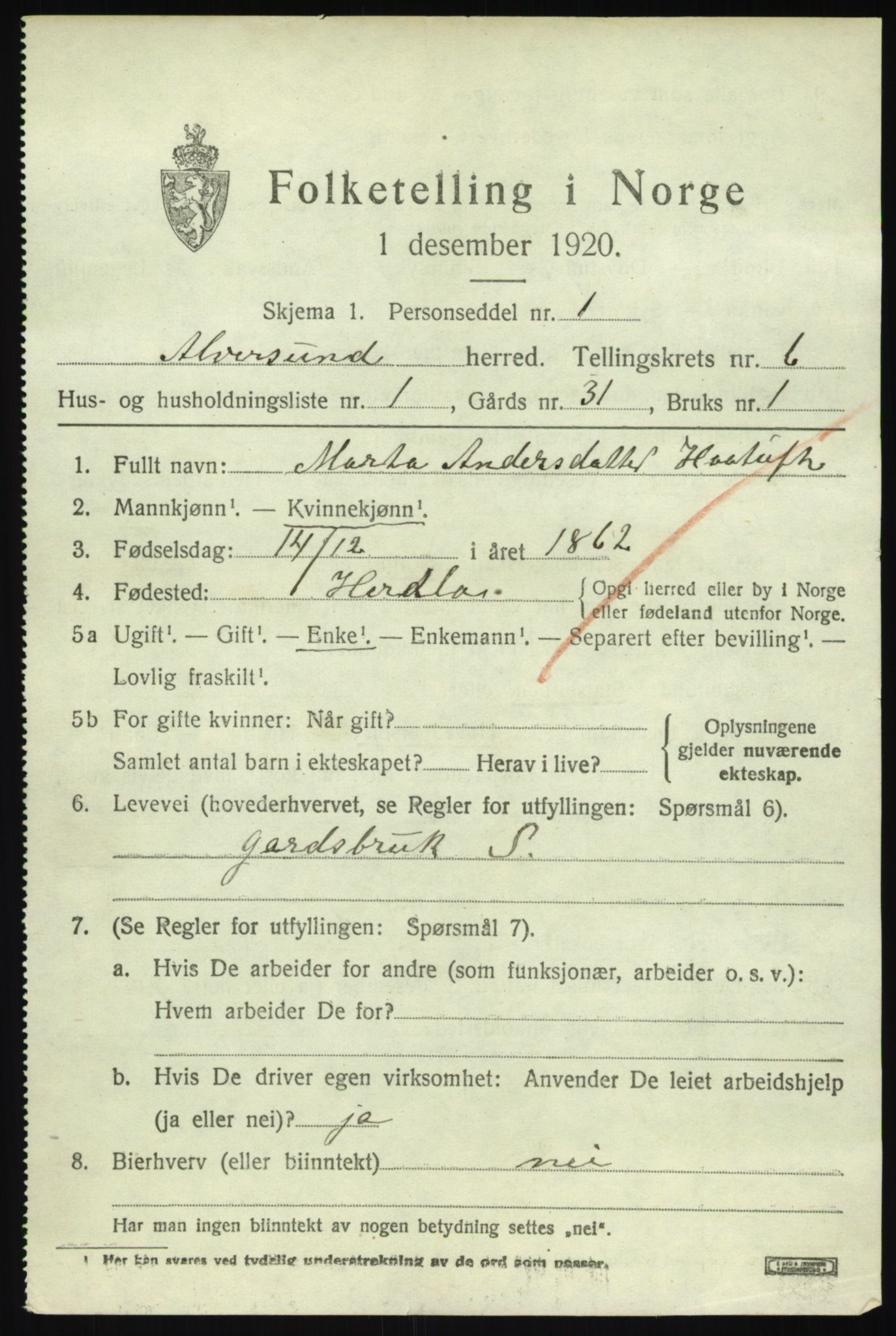 SAB, 1920 census for Alversund, 1920, p. 4456