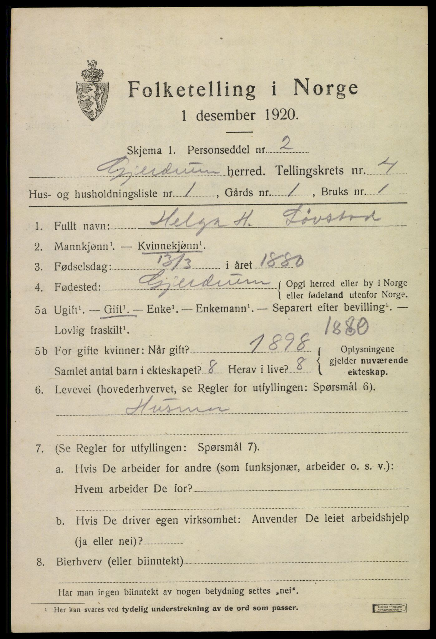 SAO, 1920 census for Gjerdrum, 1920, p. 3302