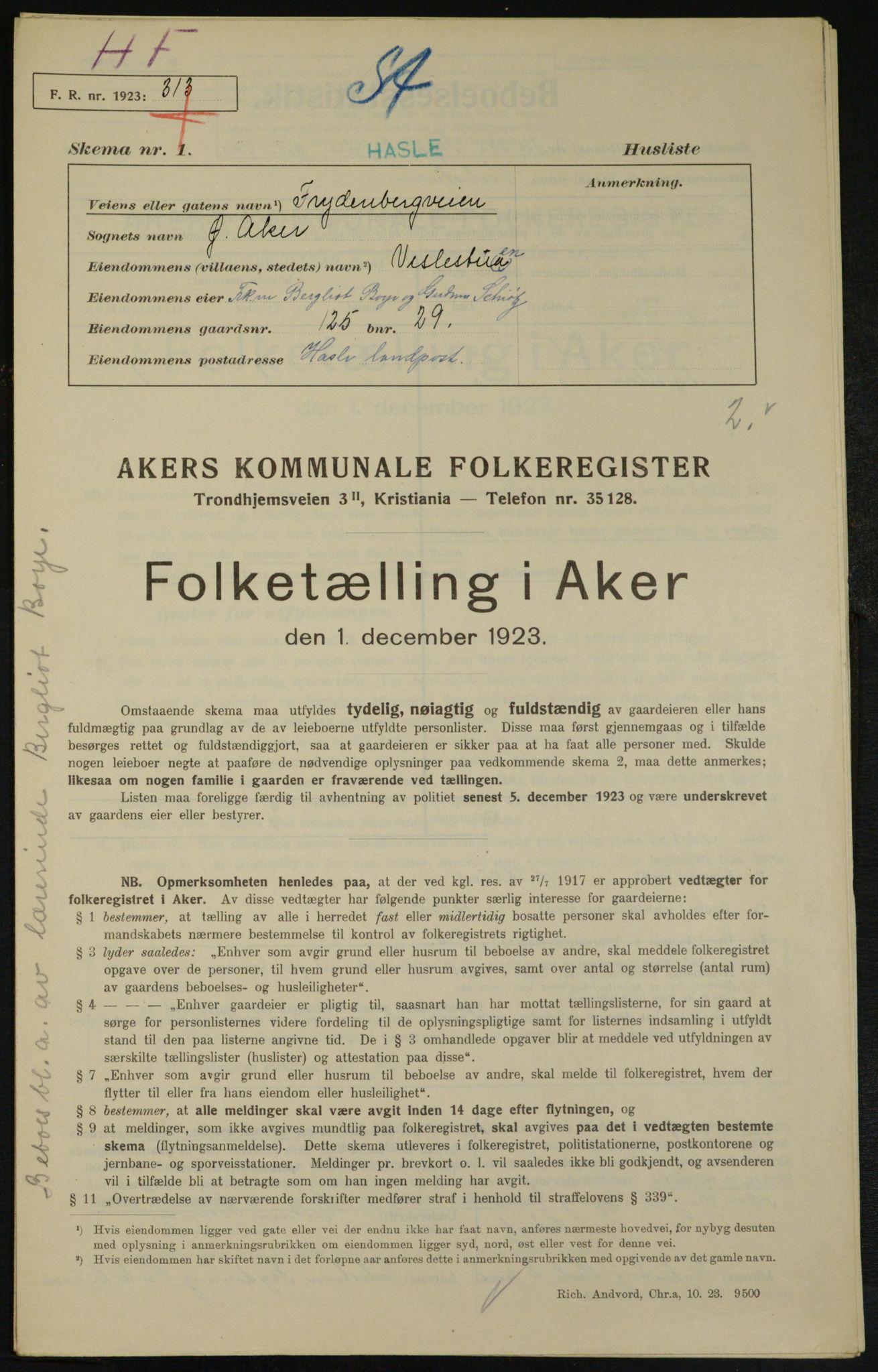 , Municipal Census 1923 for Aker, 1923, p. 24253