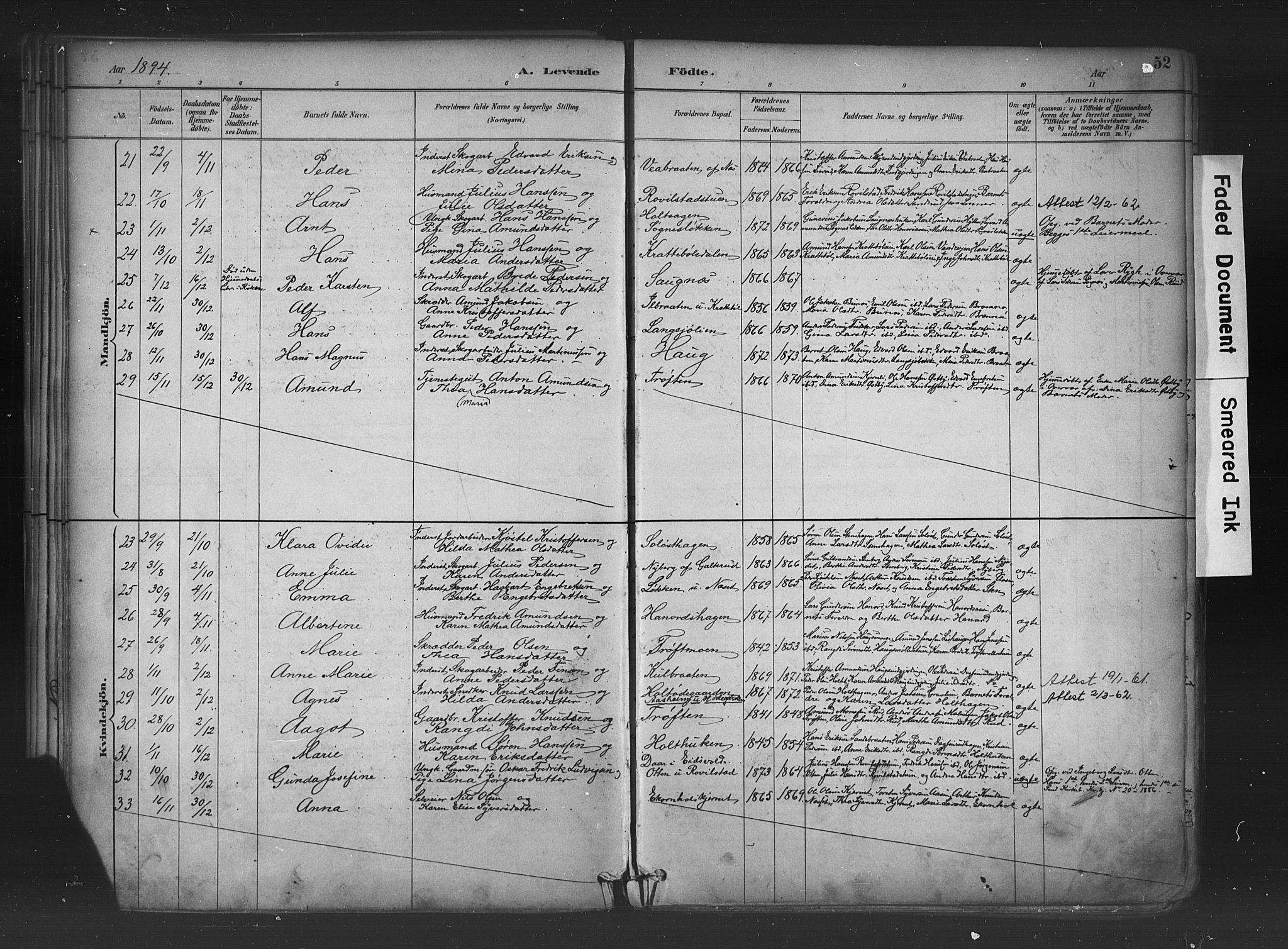 Nord-Odal prestekontor, SAH/PREST-032/H/Ha/Haa/L0006: Parish register (official) no. 6, 1886-1901, p. 52