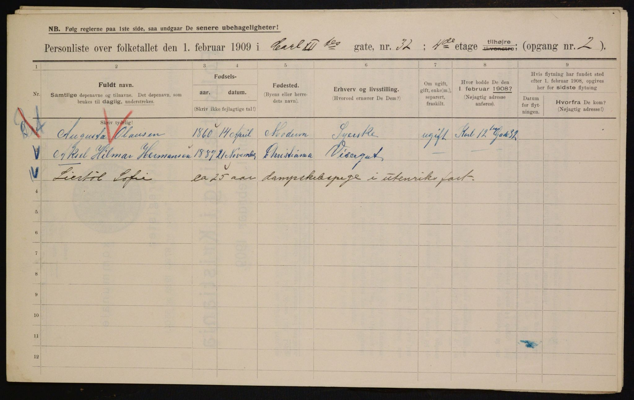 OBA, Municipal Census 1909 for Kristiania, 1909, p. 44399