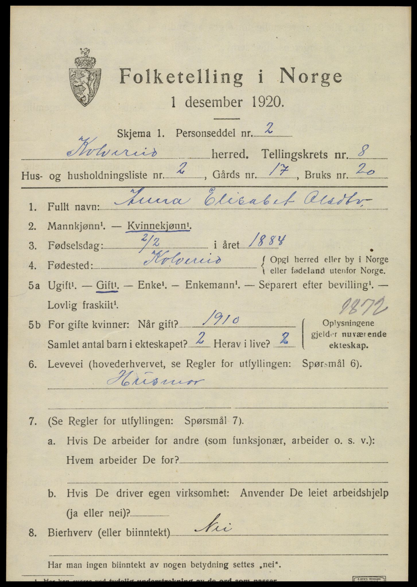 SAT, 1920 census for Kolvereid, 1920, p. 5097