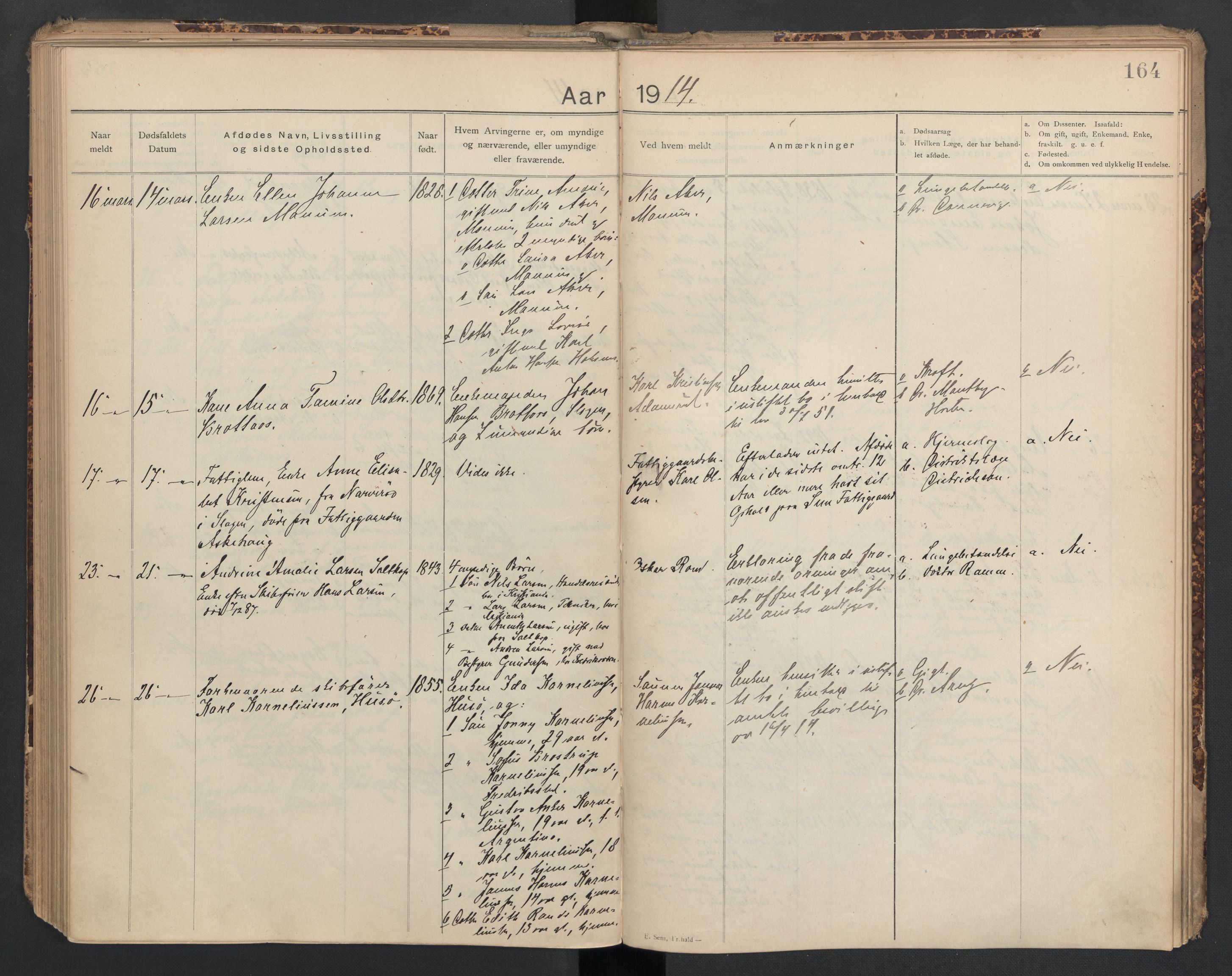 Sem lensmannskontor, AV/SAKO-A-547/H/Ha/L0005: Dødsfallsprotokoll, 1903-1916, p. 164