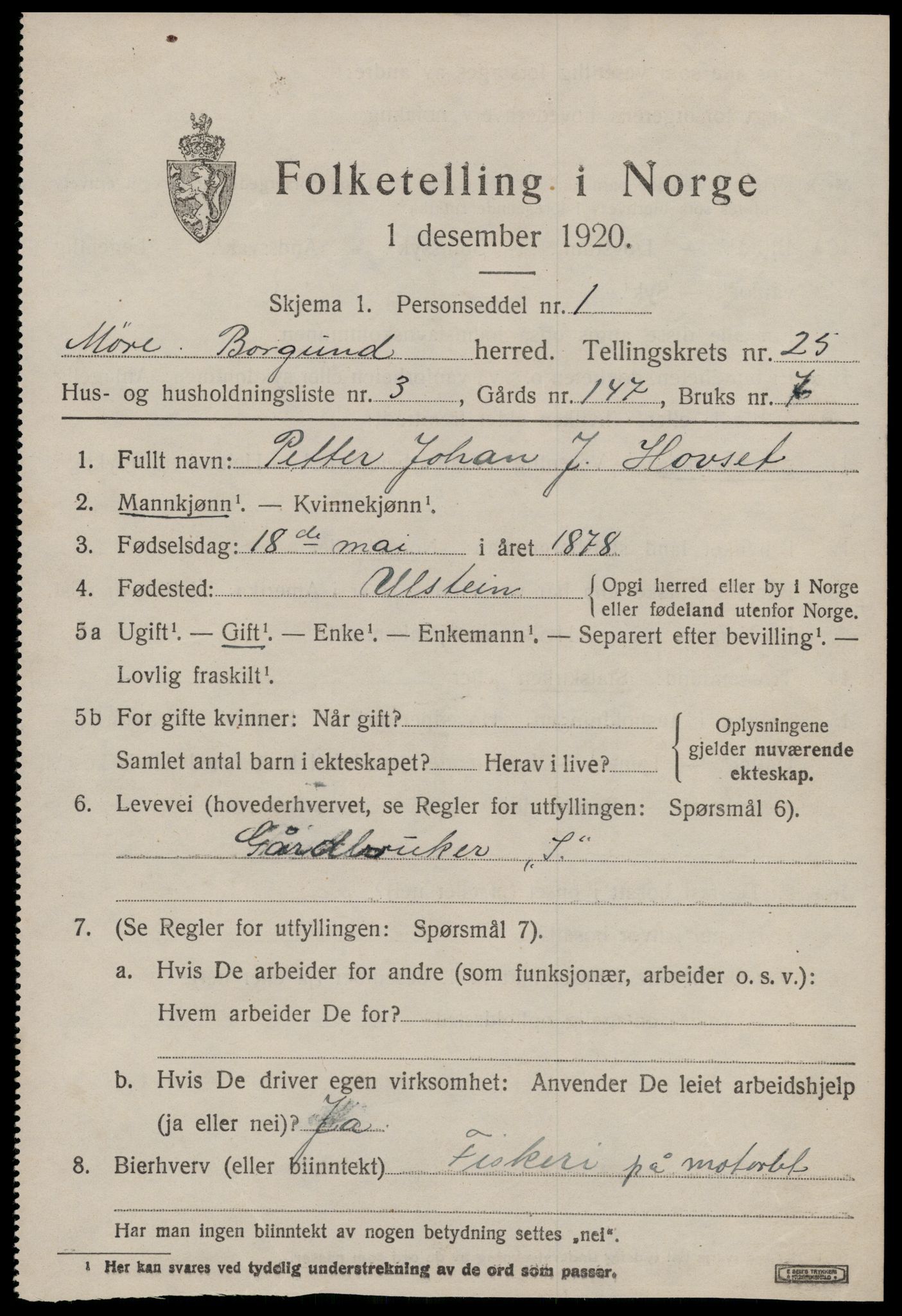 SAT, 1920 census for Borgund, 1920, p. 16810