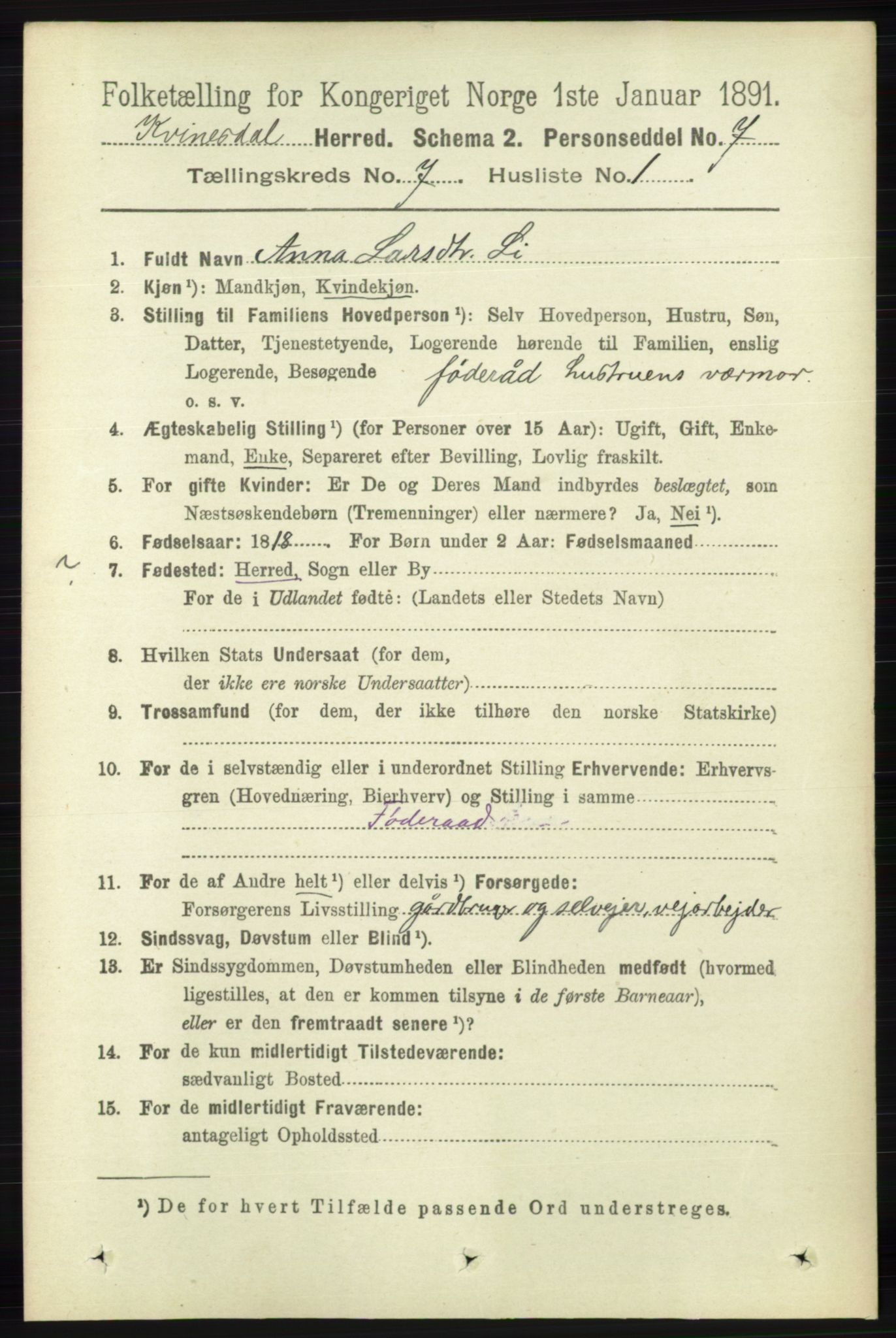 RA, 1891 census for 1037 Kvinesdal, 1891, p. 2427