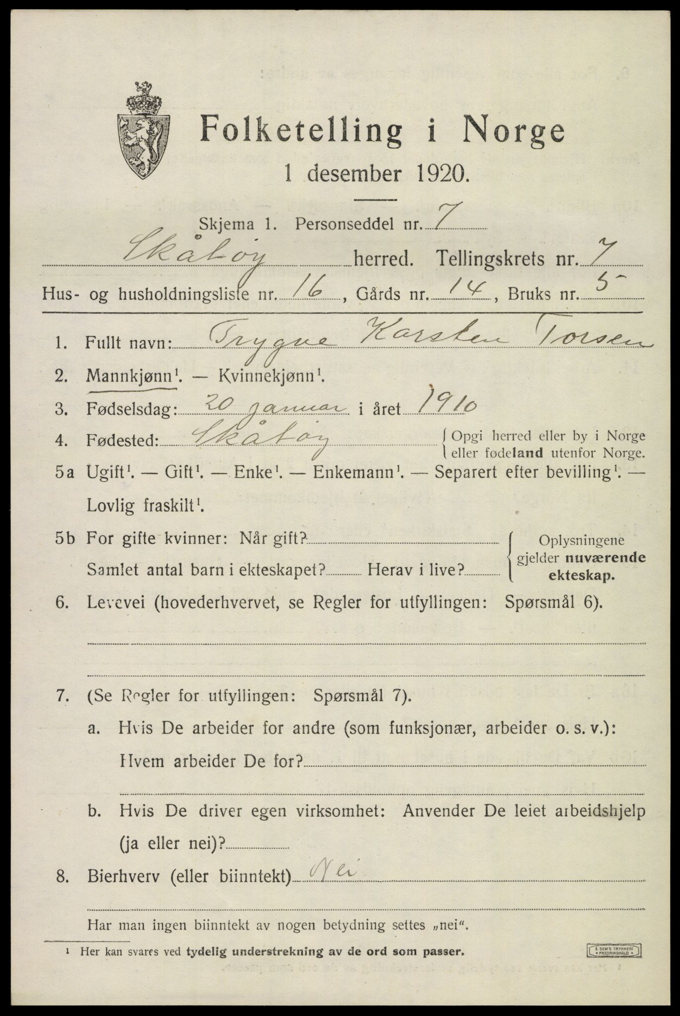 SAKO, 1920 census for Skåtøy, 1920, p. 5476