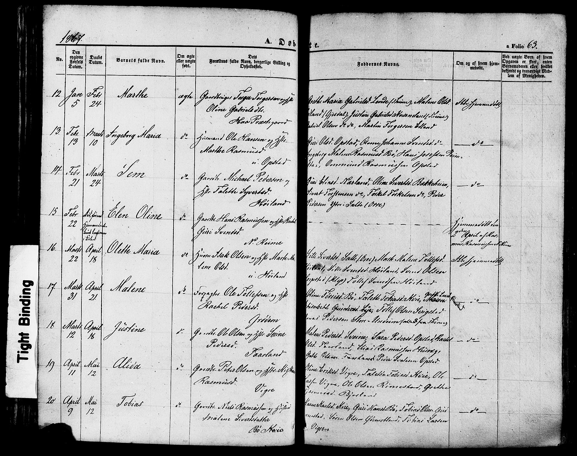 Hå sokneprestkontor, AV/SAST-A-101801/001/30BA/L0008: Parish register (official) no. A 7, 1853-1878, p. 63