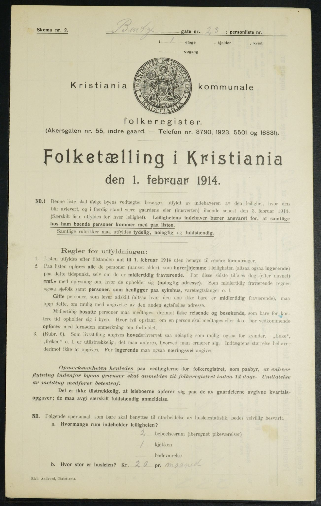 OBA, Municipal Census 1914 for Kristiania, 1914, p. 3686