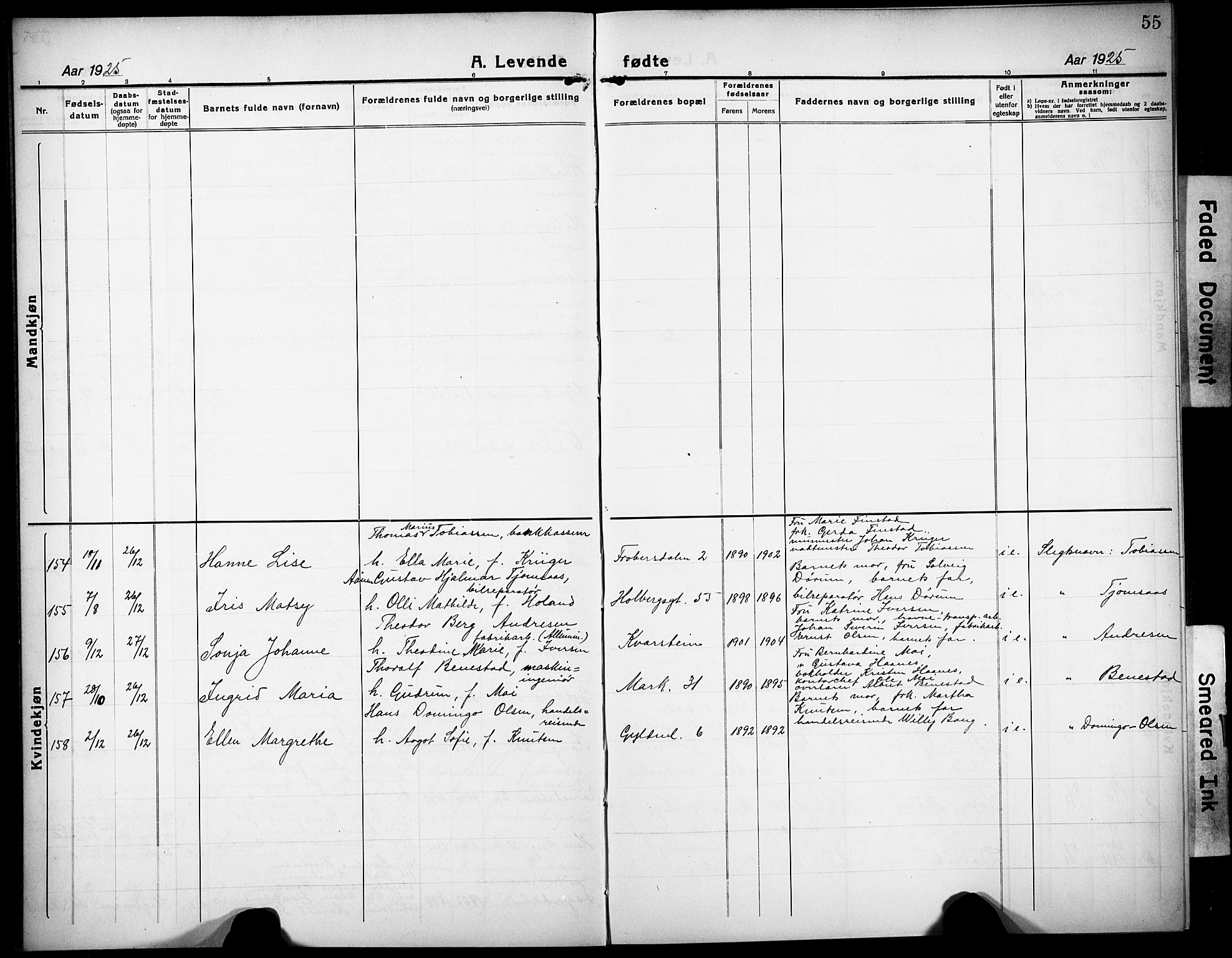 Kristiansand domprosti, AV/SAK-1112-0006/F/Fb/L0024: Parish register (copy) no. B 24, 1923-1933, p. 55
