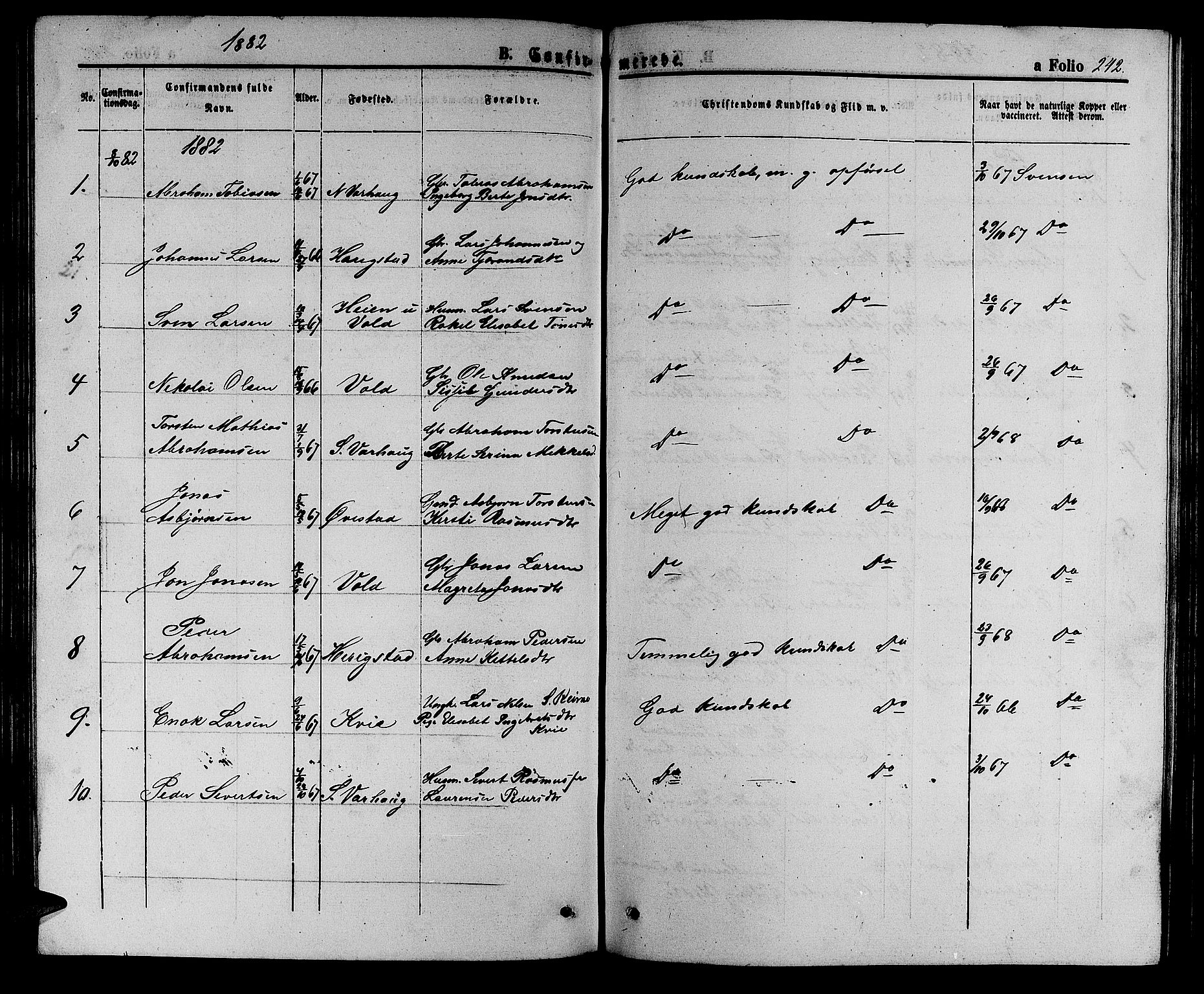 Hå sokneprestkontor, SAST/A-101801/001/30BB/L0002: Parish register (copy) no. B 2, 1854-1883, p. 242
