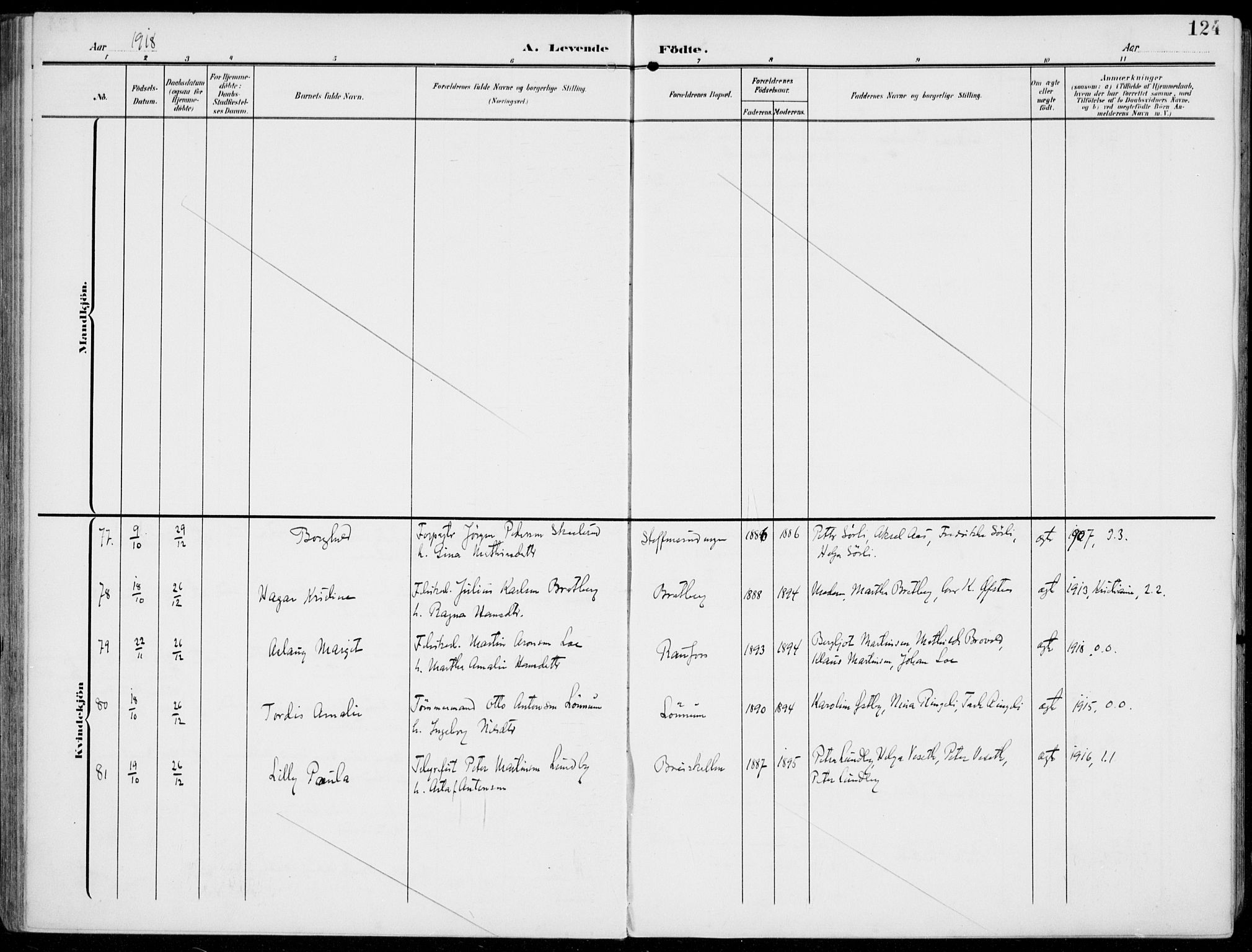 Vestre Toten prestekontor, AV/SAH-PREST-108/H/Ha/Haa/L0014: Parish register (official) no. 14, 1907-1920, p. 124