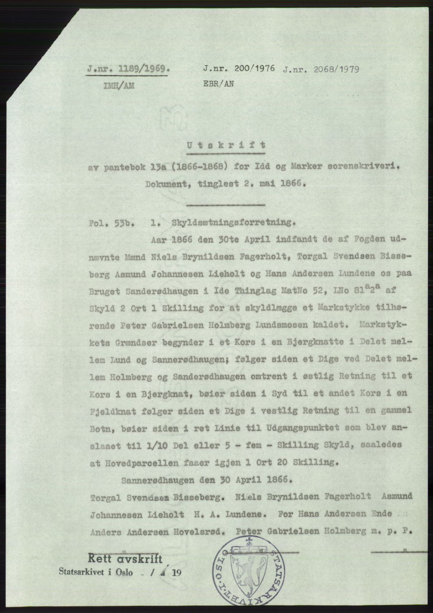 Statsarkivet i Oslo, AV/SAO-A-10621/Z/Zd/L0028: Avskrifter, j.nr 20-2143/1969, 1969, p. 219