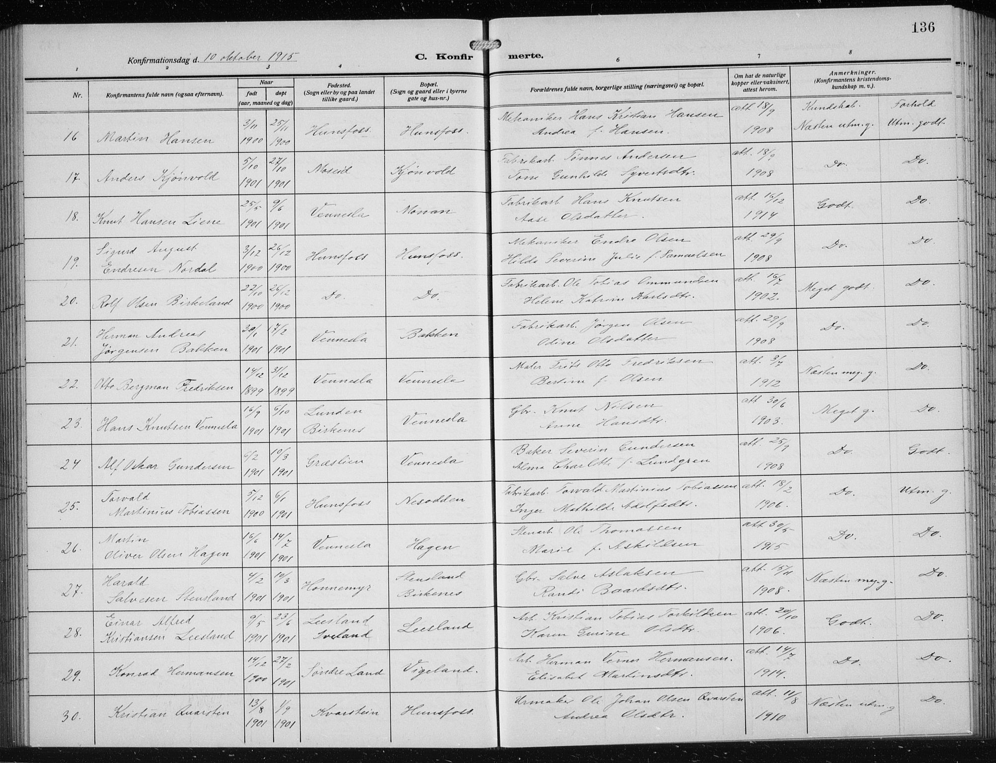 Vennesla sokneprestkontor, SAK/1111-0045/Fb/Fbb/L0006: Parish register (copy) no. B 6, 1914-1921, p. 136