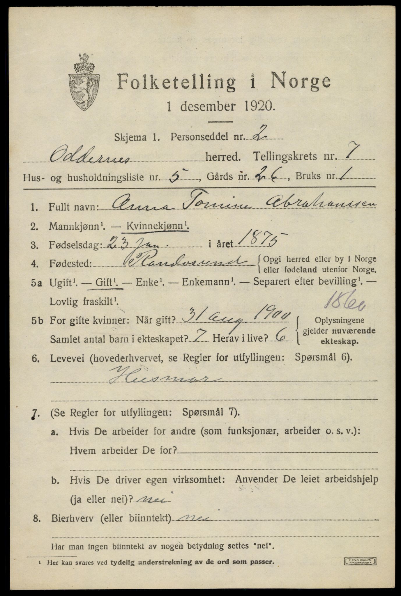 SAK, 1920 census for Oddernes, 1920, p. 5409