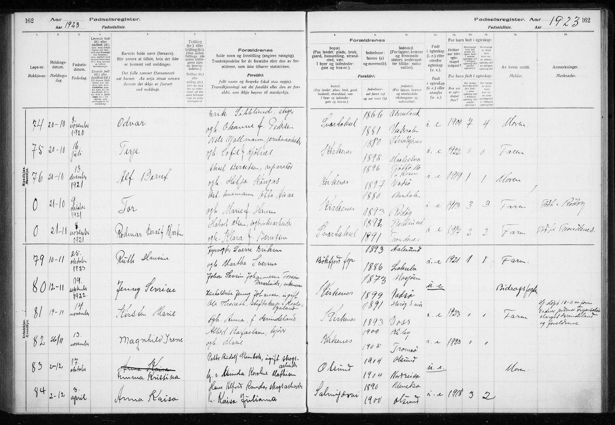 Sør-Varanger sokneprestkontor, AV/SATØ-S-1331/I/Ia/L0016: Birth register no. 16, 1915-1925, p. 162