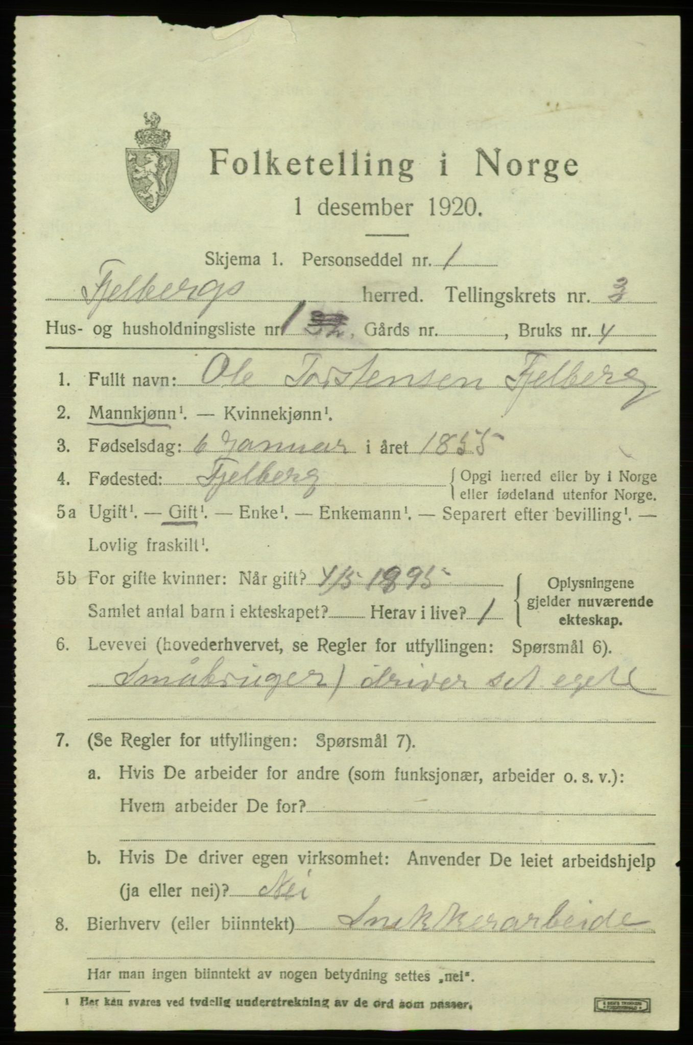 SAB, 1920 census for Fjelberg, 1920, p. 1123