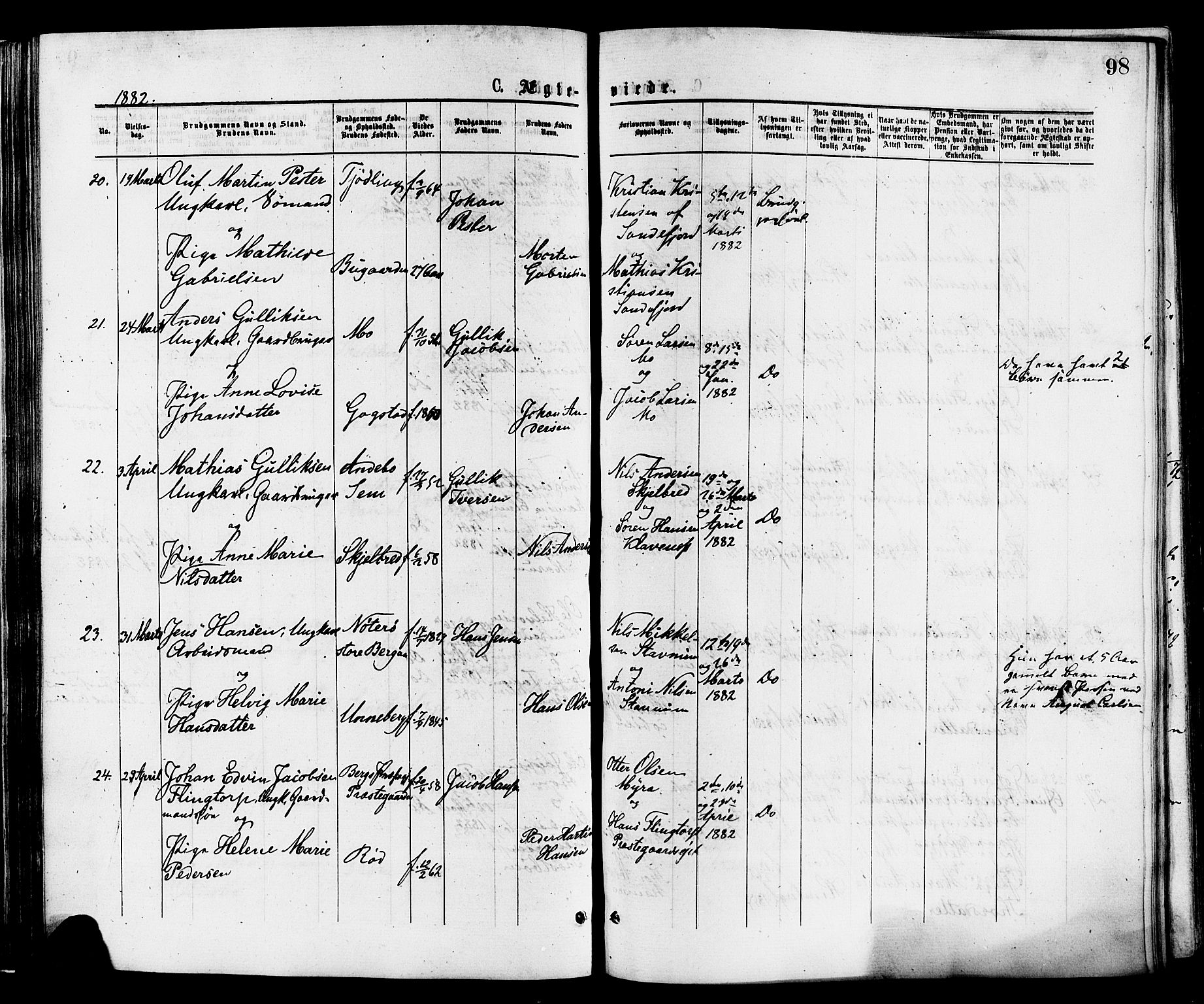 Sandar kirkebøker, SAKO/A-243/F/Fa/L0011: Parish register (official) no. 11, 1872-1882, p. 98