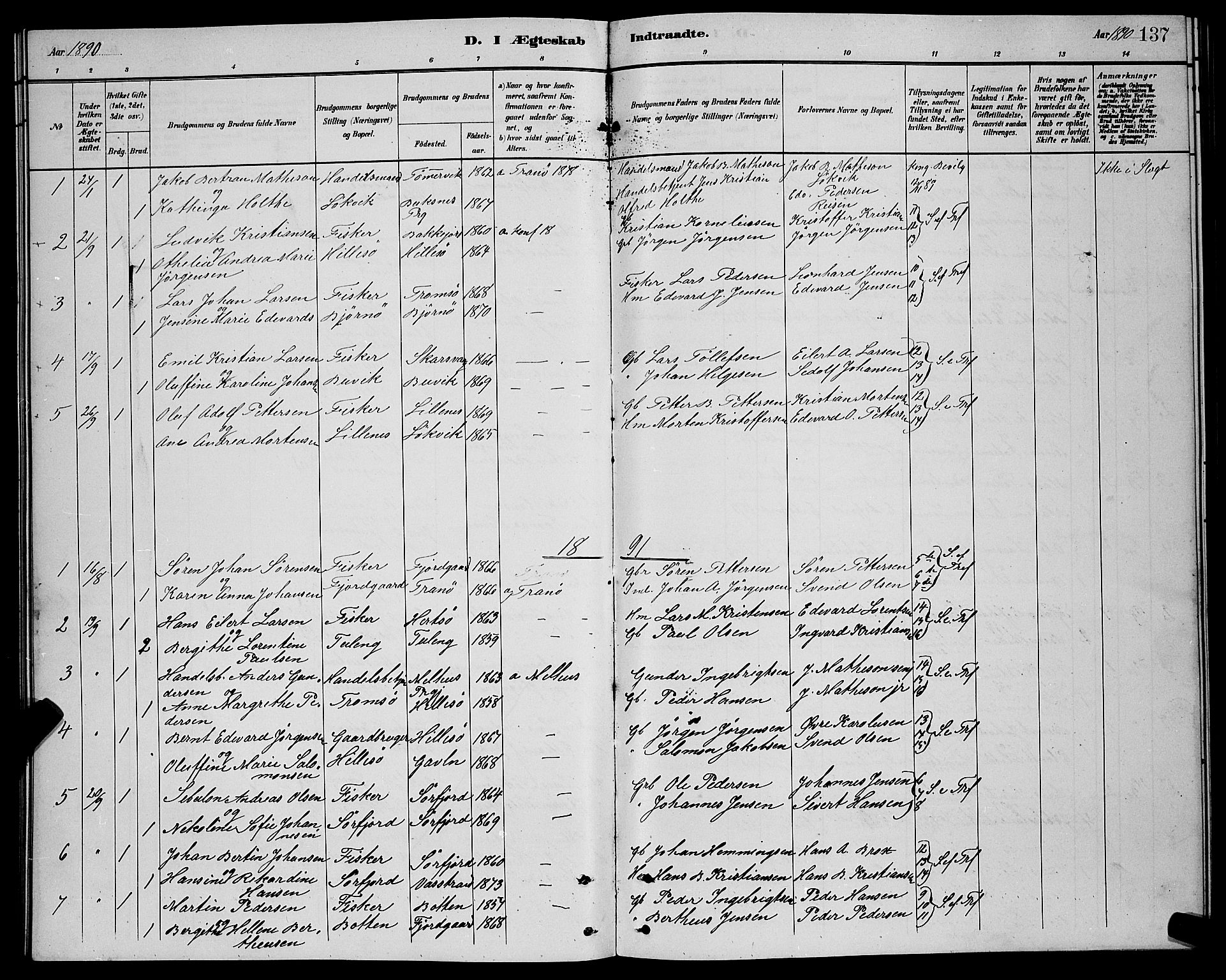 Lenvik sokneprestembete, SATØ/S-1310/H/Ha/Hab/L0021klokker: Parish register (copy) no. 21, 1884-1900, p. 137