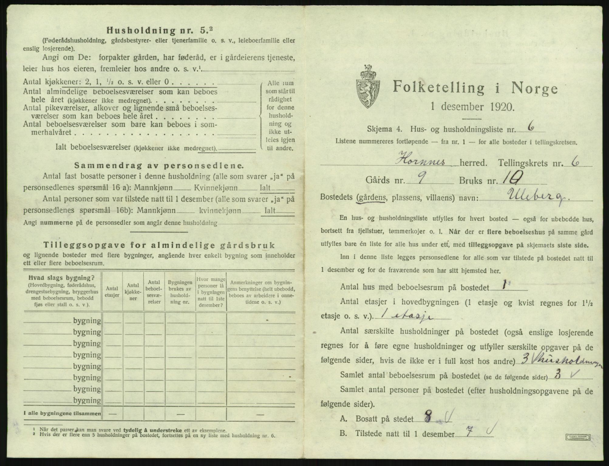 SAK, 1920 census for Hornnes, 1920, p. 255