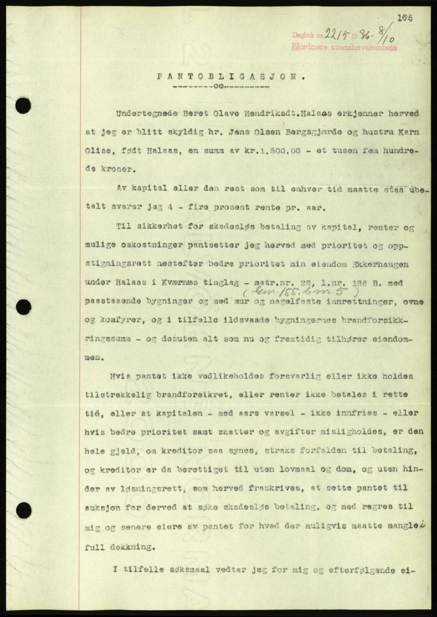 Nordmøre sorenskriveri, AV/SAT-A-4132/1/2/2Ca/L0090: Mortgage book no. B80, 1936-1937, Diary no: : 2215/1936