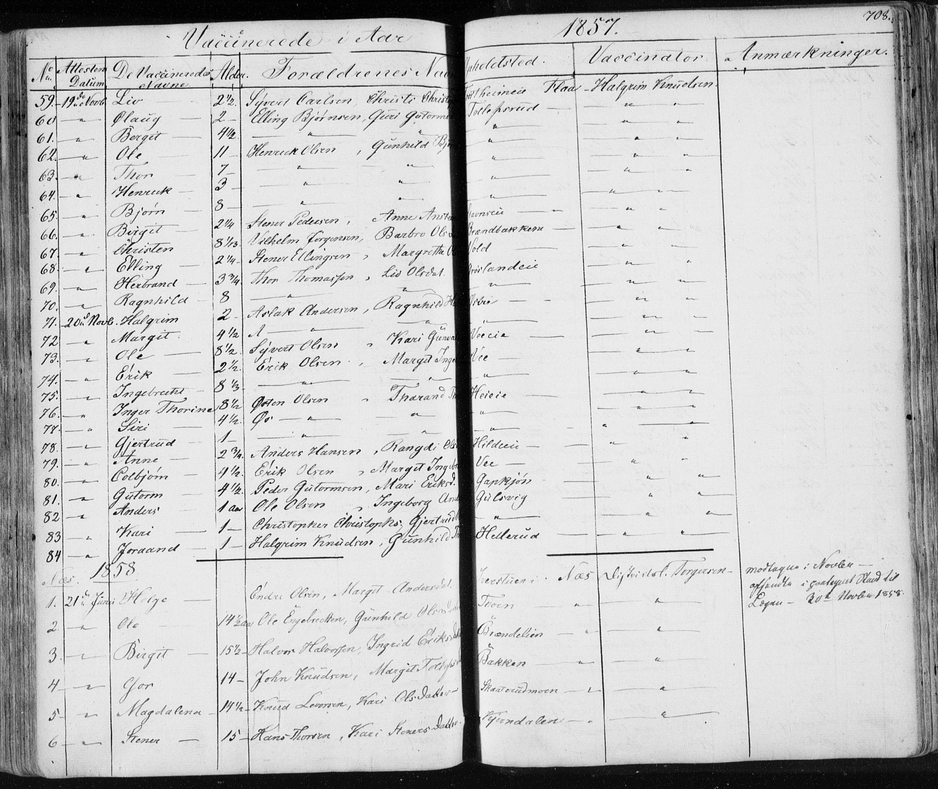 Nes kirkebøker, SAKO/A-236/F/Fa/L0009: Parish register (official) no. 9, 1834-1863, p. 708