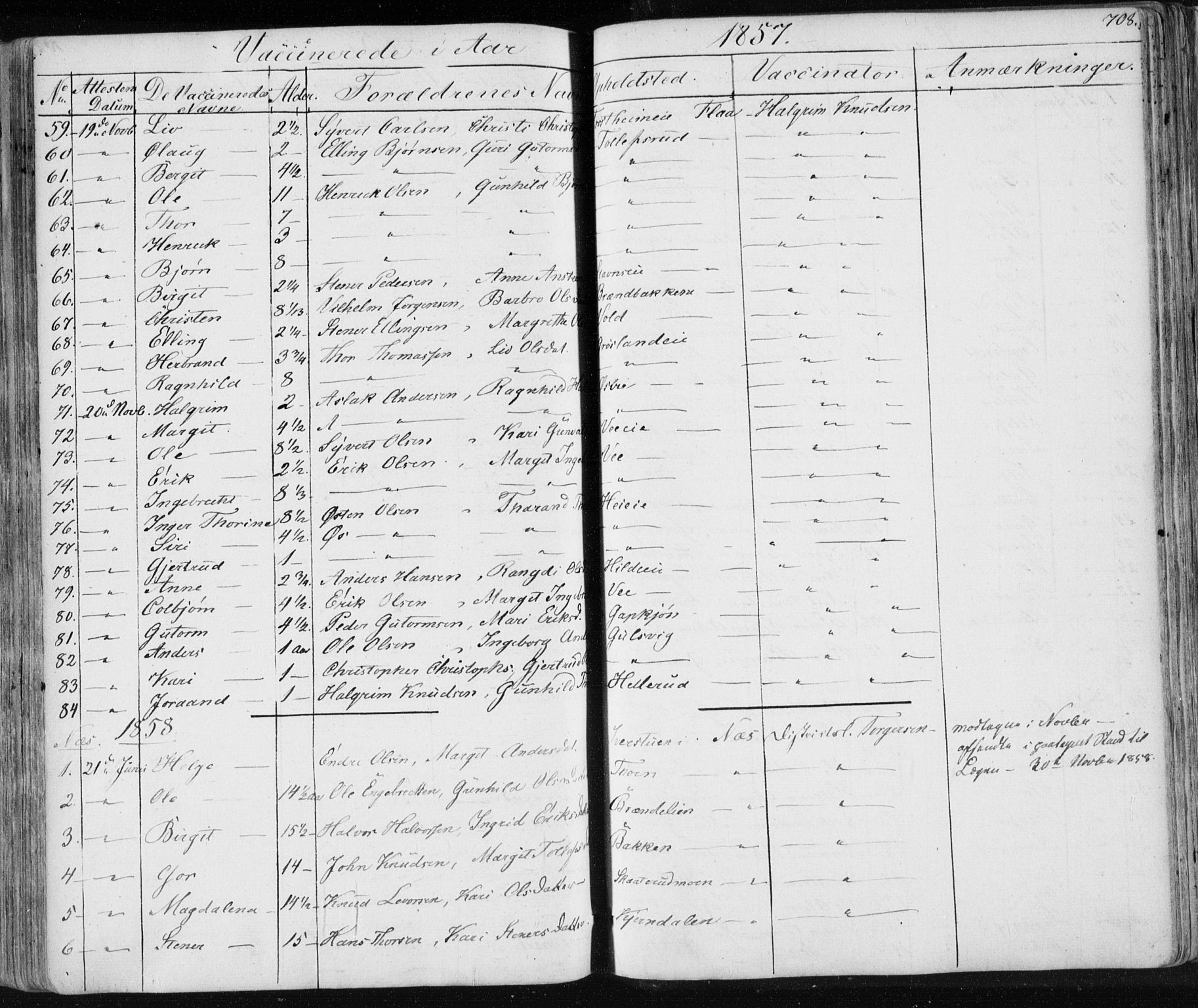 Nes kirkebøker, AV/SAKO-A-236/F/Fa/L0009: Parish register (official) no. 9, 1834-1863, p. 708