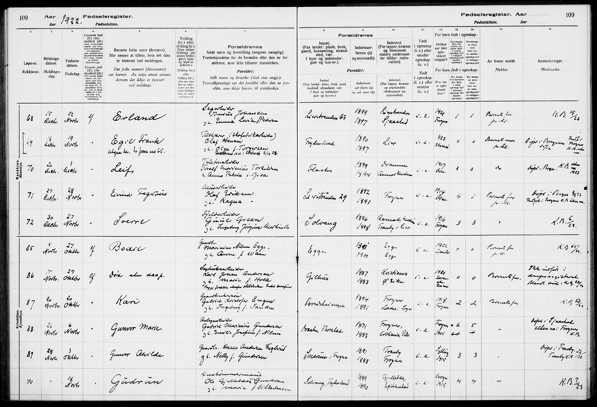 Lier kirkebøker, AV/SAKO-A-230/J/Ja/L0001: Birth register no. 1, 1916-1928, p. 109