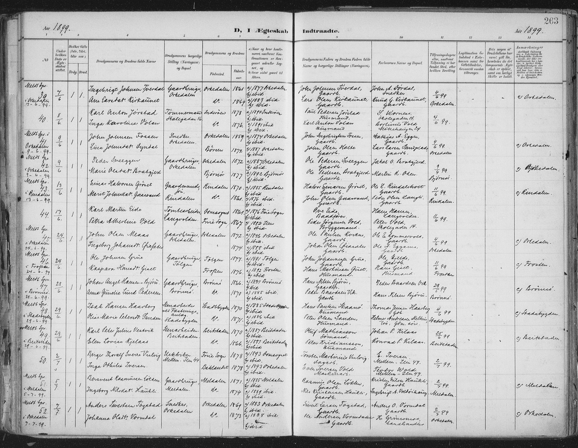 Ministerialprotokoller, klokkerbøker og fødselsregistre - Sør-Trøndelag, AV/SAT-A-1456/603/L0167: Parish register (official) no. 603A06, 1896-1932, p. 263