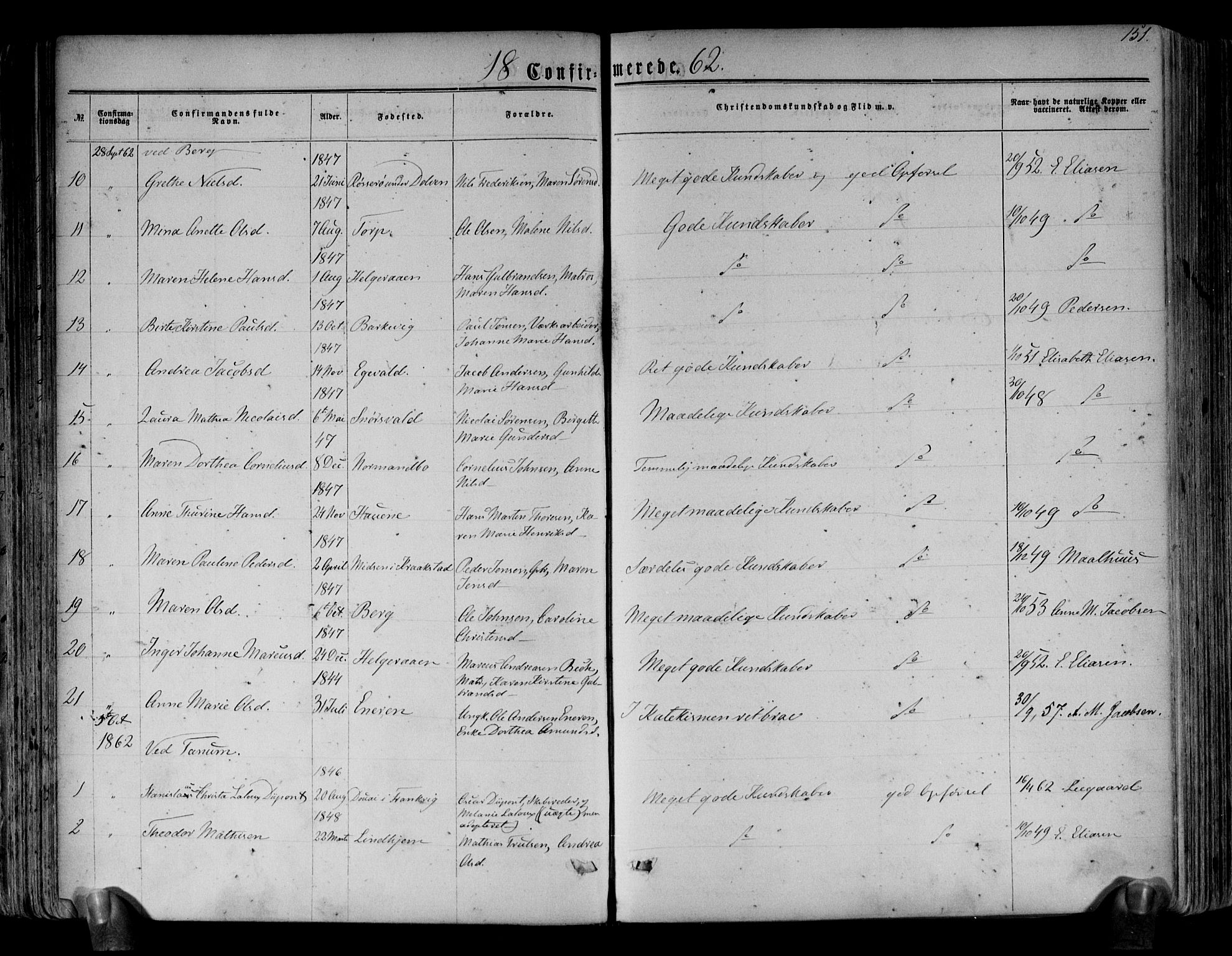 Brunlanes kirkebøker, SAKO/A-342/F/Fa/L0005: Parish register (official) no. I 5, 1862-1877, p. 151