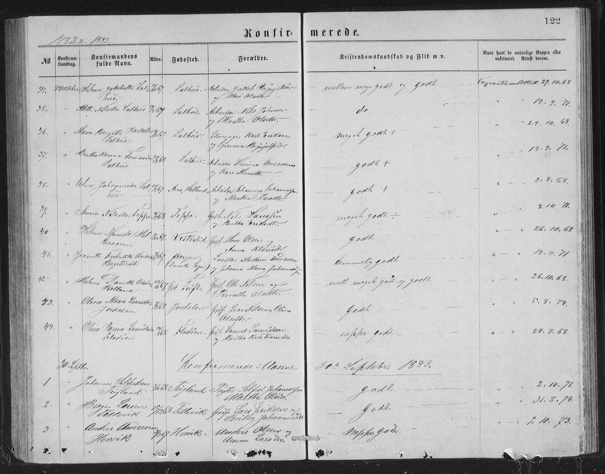 Åsane sokneprestembete, SAB/A-79401/H/Hab: Parish register (copy) no. A 1, 1870-1884, p. 122