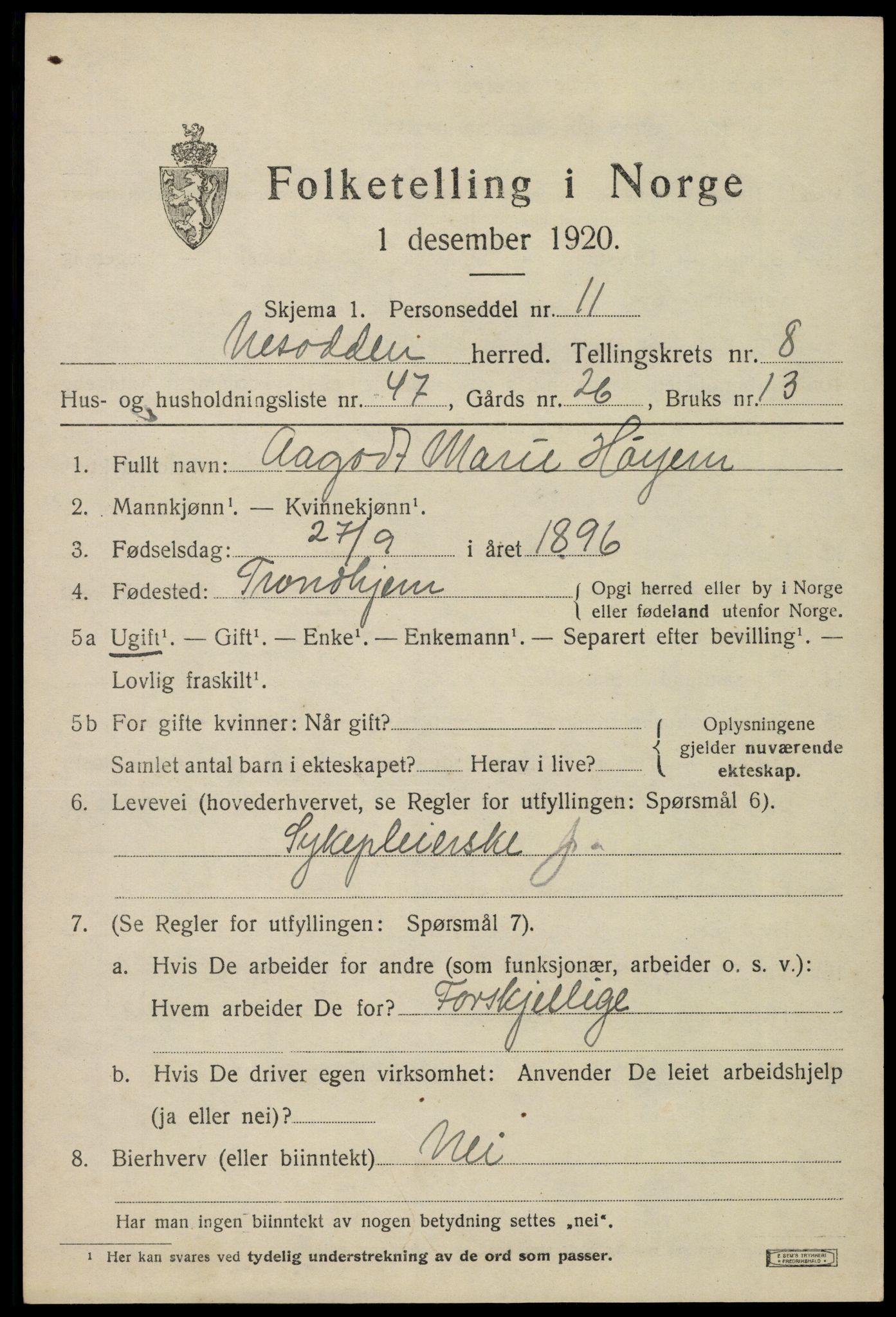 SAO, 1920 census for Nesodden, 1920, p. 6691