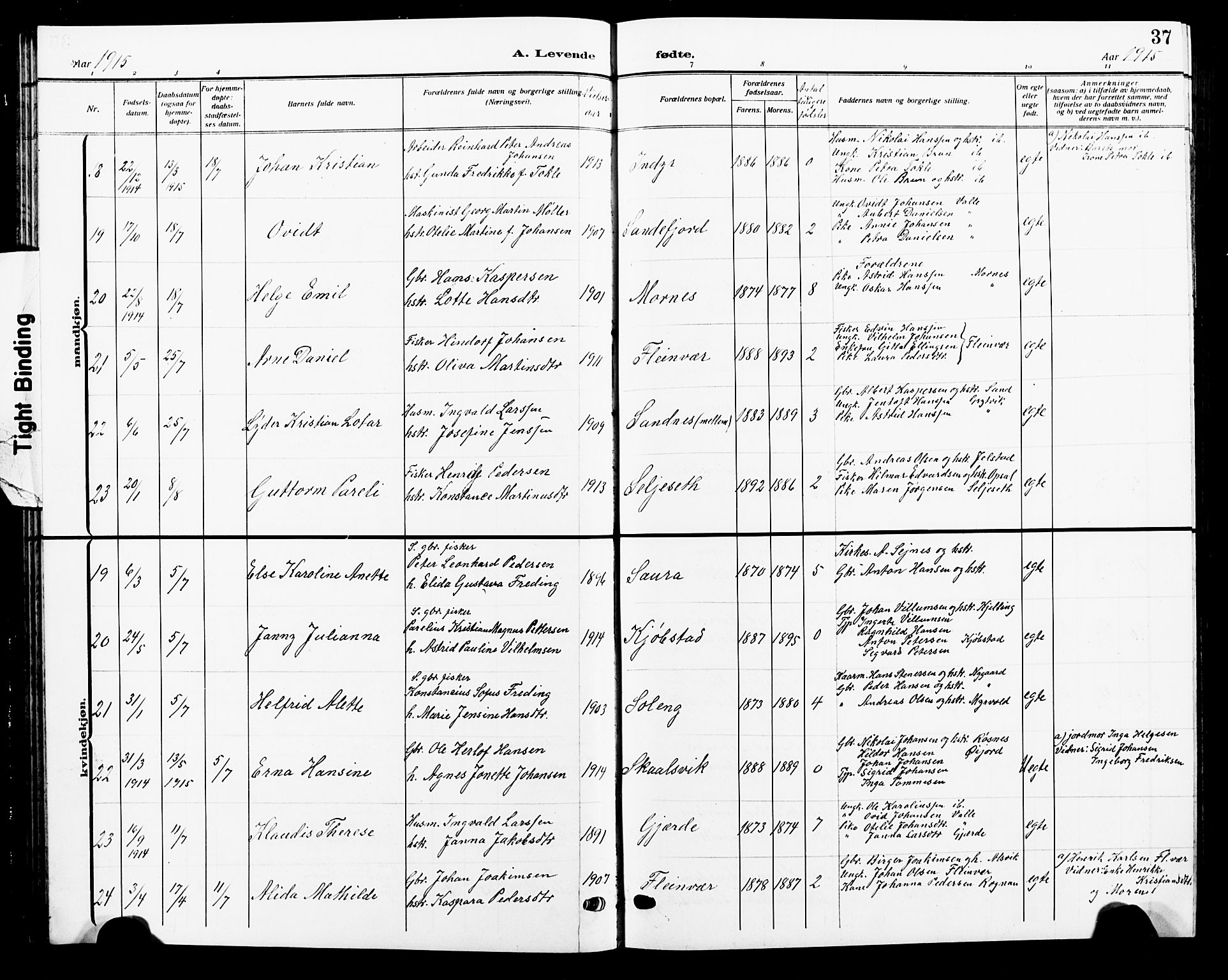 Ministerialprotokoller, klokkerbøker og fødselsregistre - Nordland, AV/SAT-A-1459/805/L0110: Parish register (copy) no. 805C06, 1909-1924, p. 37