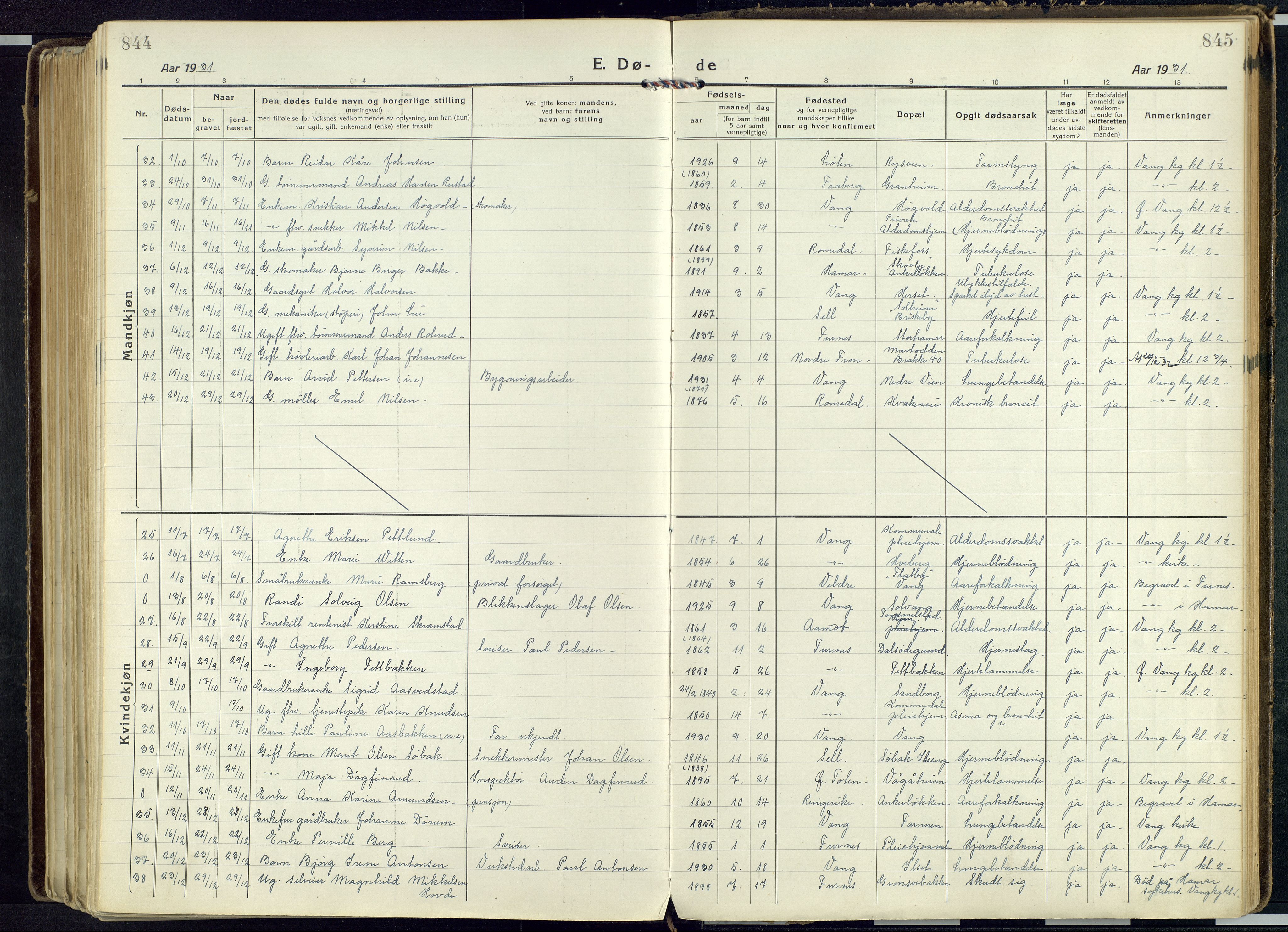 Vang prestekontor, Hedmark, SAH/PREST-008/H/Ha/Haa/L0022: Parish register (official) no. 22, 1918-1944, p. 844-845