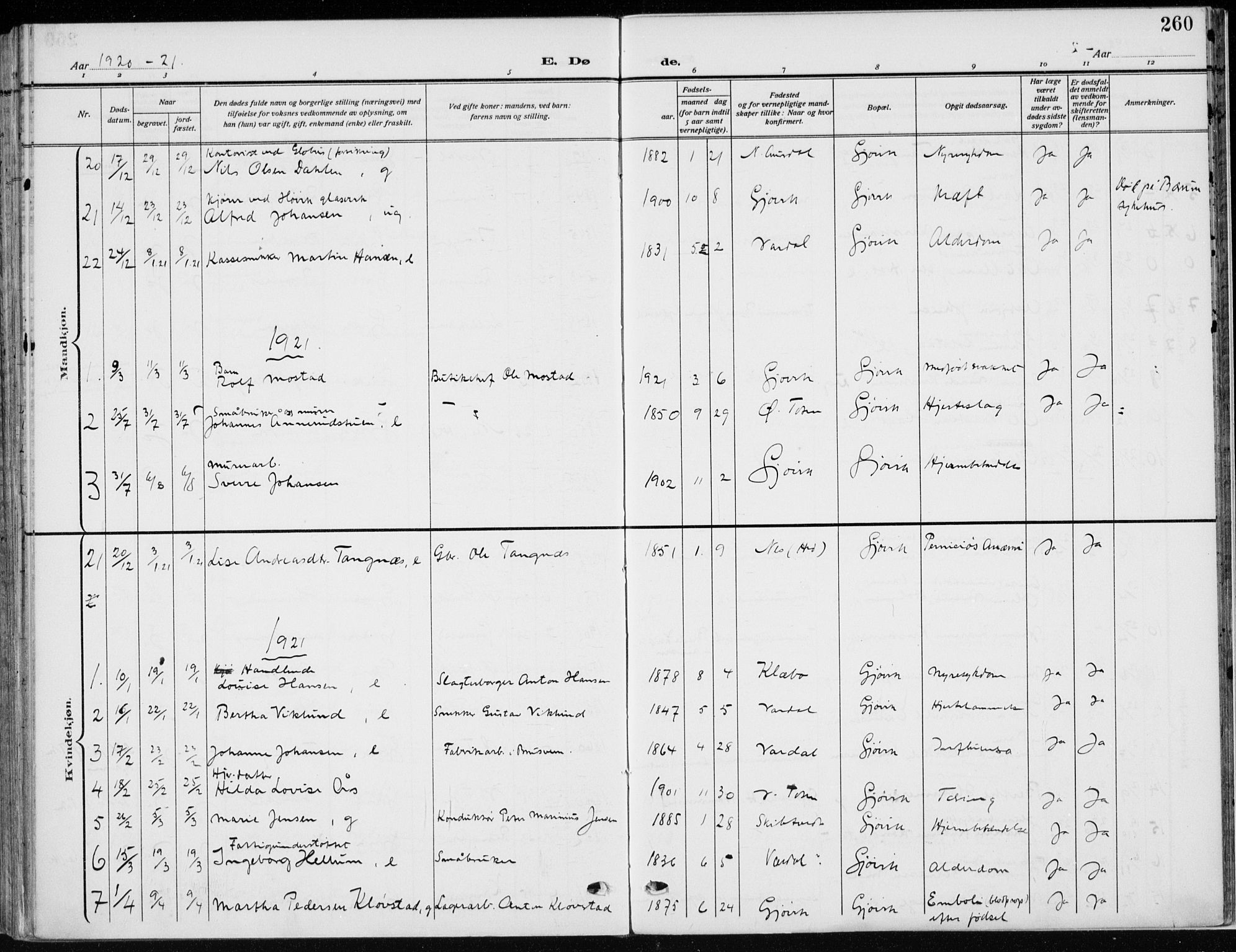 Vardal prestekontor, SAH/PREST-100/H/Ha/Haa/L0014: Parish register (official) no. 14, 1912-1922, p. 260