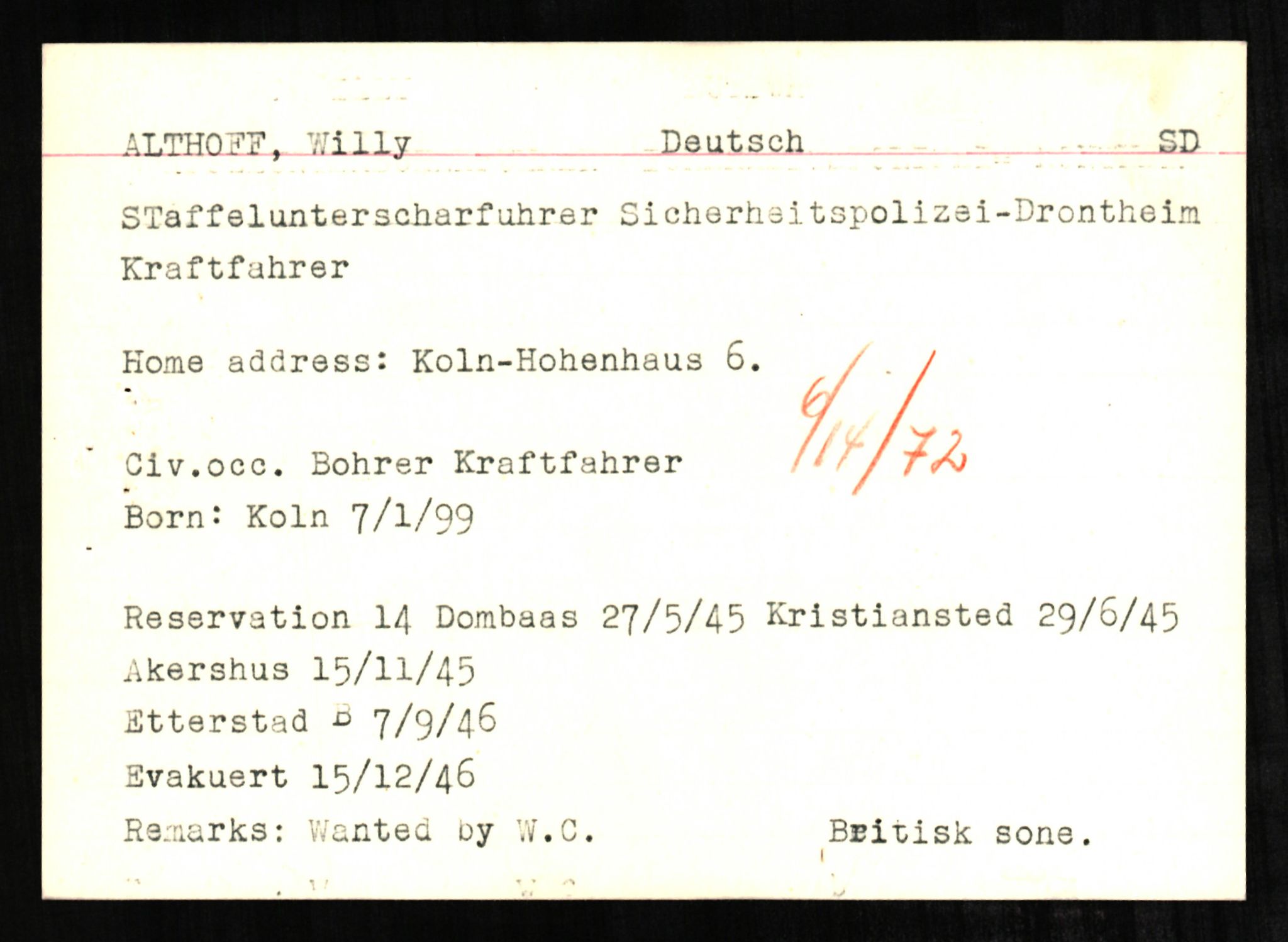 Forsvaret, Forsvarets overkommando II, RA/RAFA-3915/D/Db/L0001: CI Questionaires. Tyske okkupasjonsstyrker i Norge. Tyskere., 1945-1946, p. 167